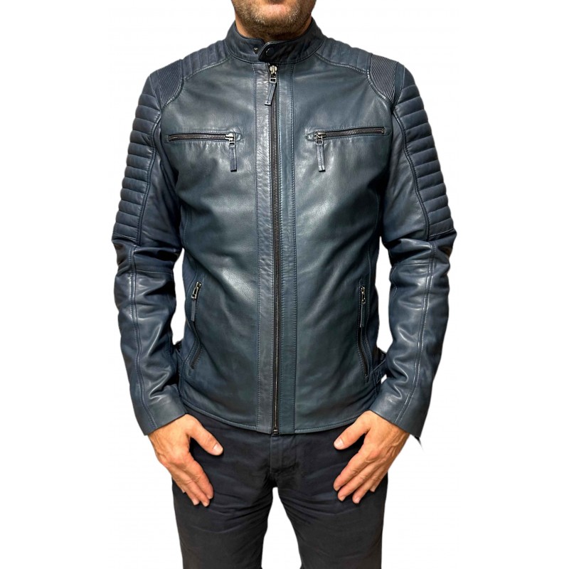 5081 ΑΝΔΡΙΚΟ ΔΕΡΜΑΤΙΝΟ BIKER  ΜΠΟΥΦΑΝ ΜΠΛΕ