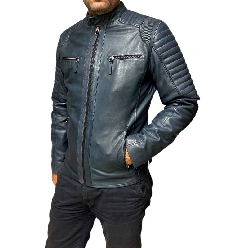 5081 ΑΝΔΡΙΚΟ ΔΕΡΜΑΤΙΝΟ BIKER  ΜΠΟΥΦΑΝ ΜΠΛΕ