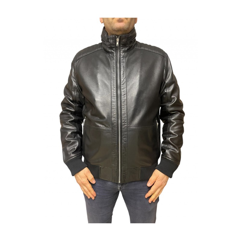 4503-FUR ΑΝΔΡΙΚΟ ΔΕΡΜΑΤΙΝΟ BOMBER ΜΠΟΥΦΑΝ ΜΑΥΡΟ