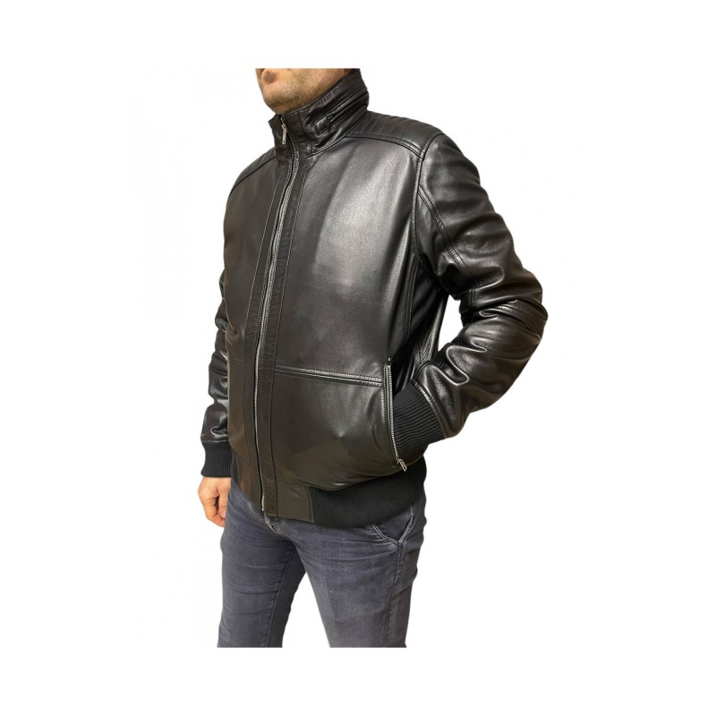 4503-FUR ΑΝΔΡΙΚΟ ΔΕΡΜΑΤΙΝΟ BOMBER ΜΠΟΥΦΑΝ ΜΑΥΡΟ