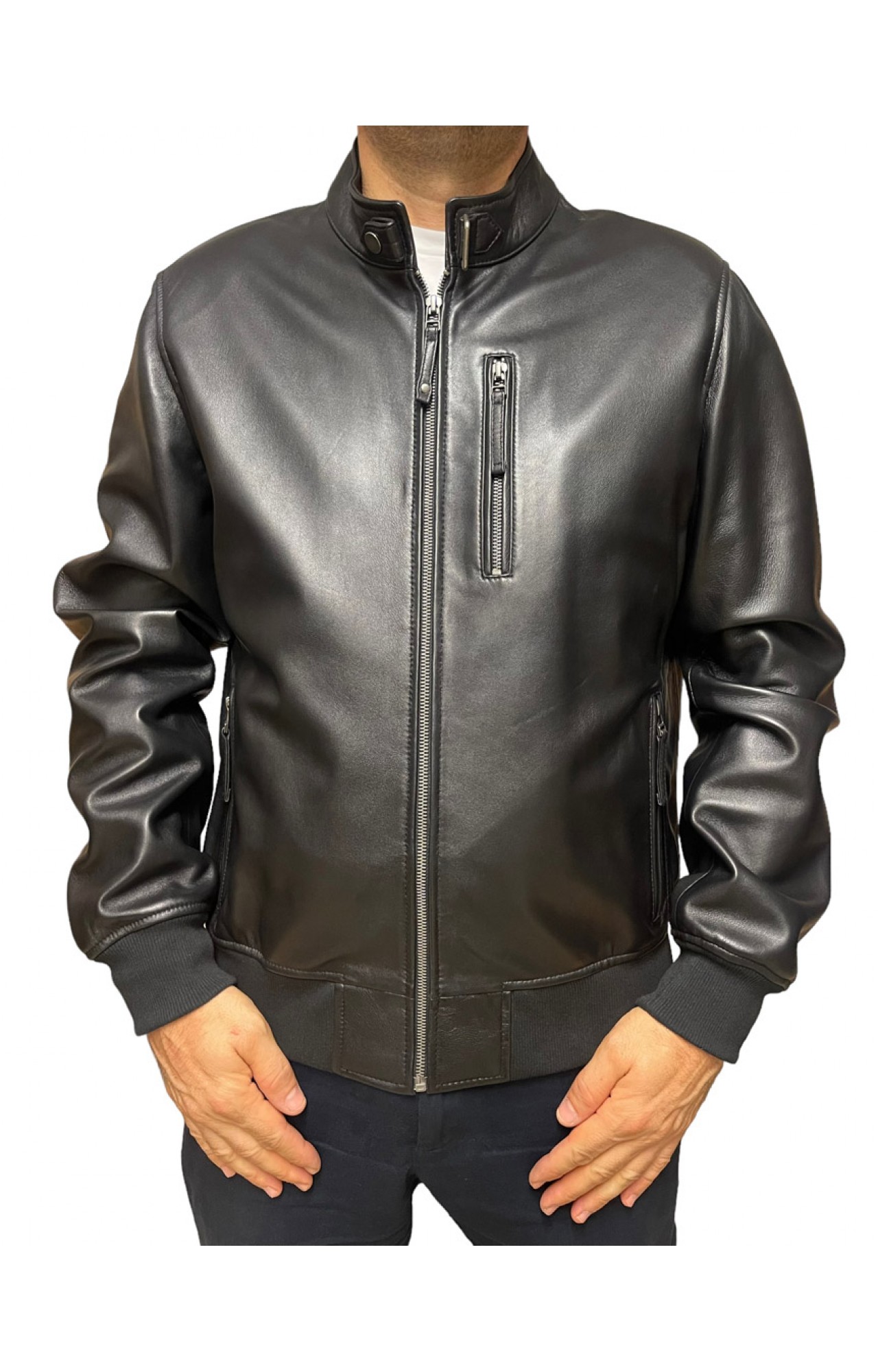 ID-4559-BLACK MENS LEATHER BOMBER JACKET