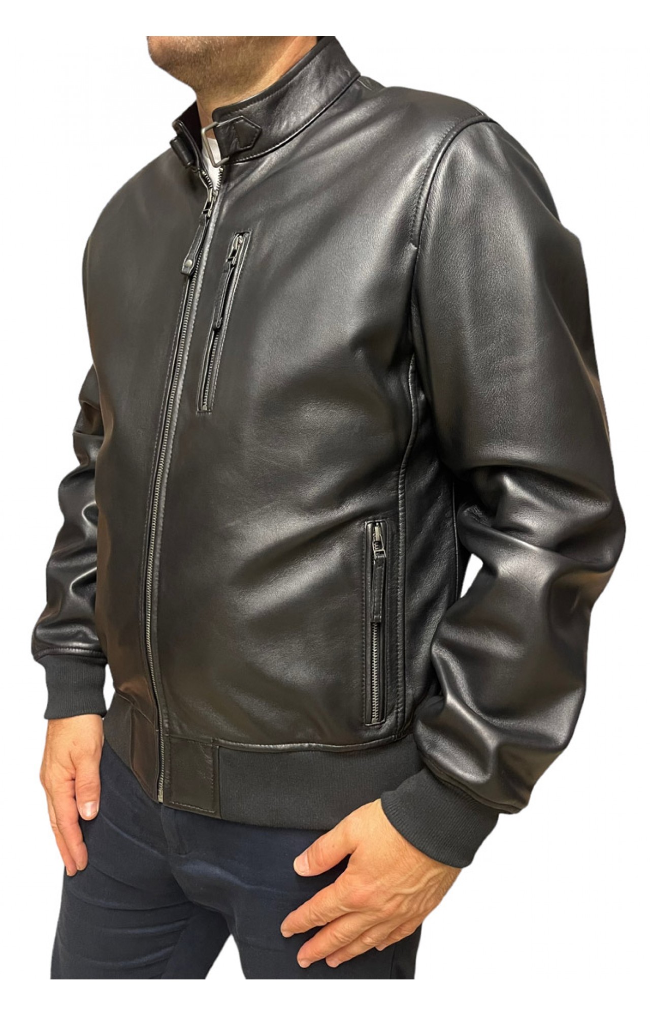 ID-4559-BLACK MENS LEATHER BOMBER JACKET