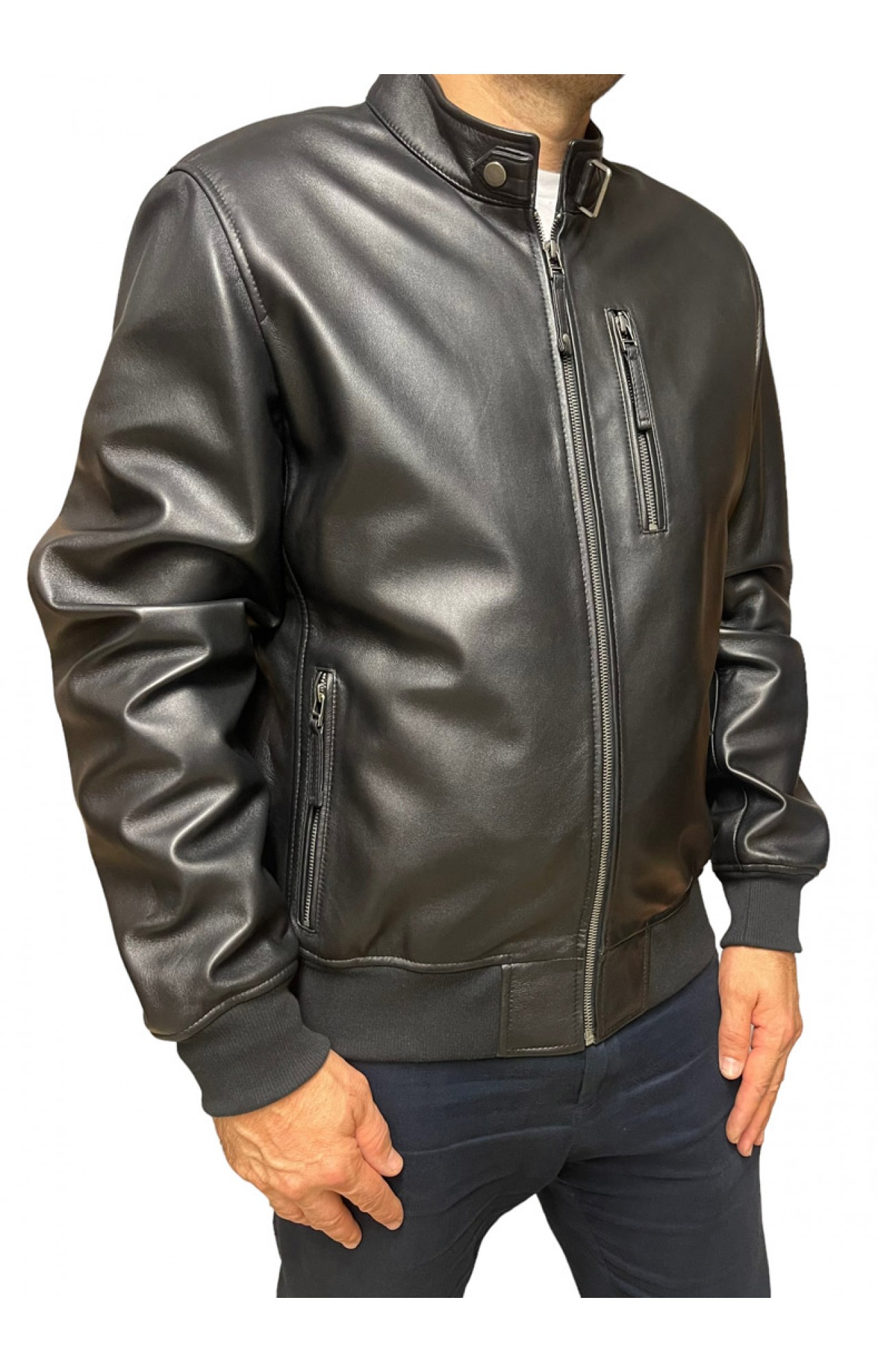 ID-4559-BLACK MENS LEATHER BOMBER JACKET
