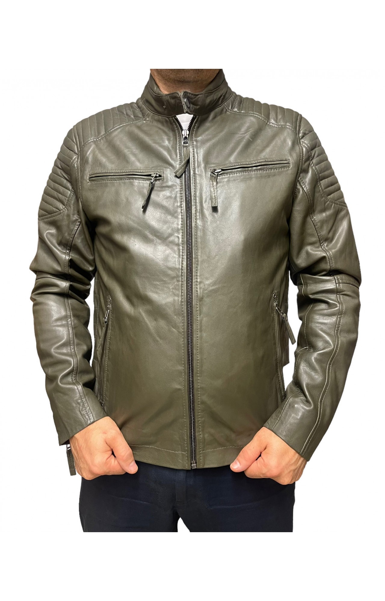 BO-COOPER-OLIVE MENS LEATHER JACKET BIKER 