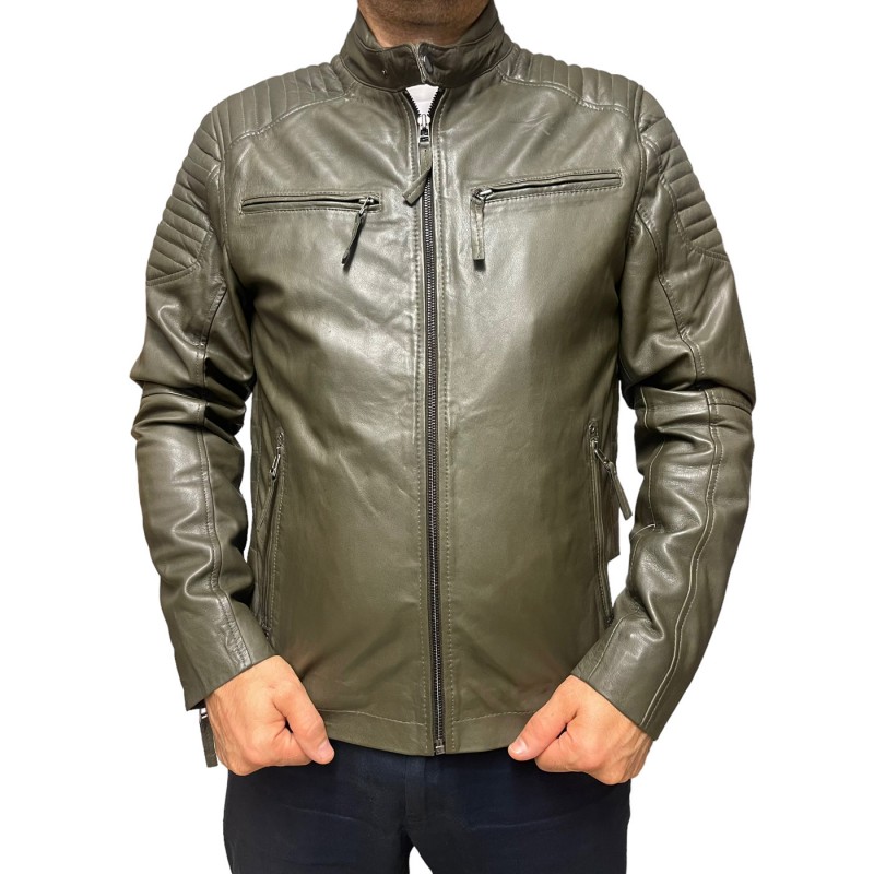 BO-COOPER-OLIVE ΑΝΔΡΙΚΟ ΔΕΡΜΑΤΙΝΟ BIKER ΧΑΚΙ