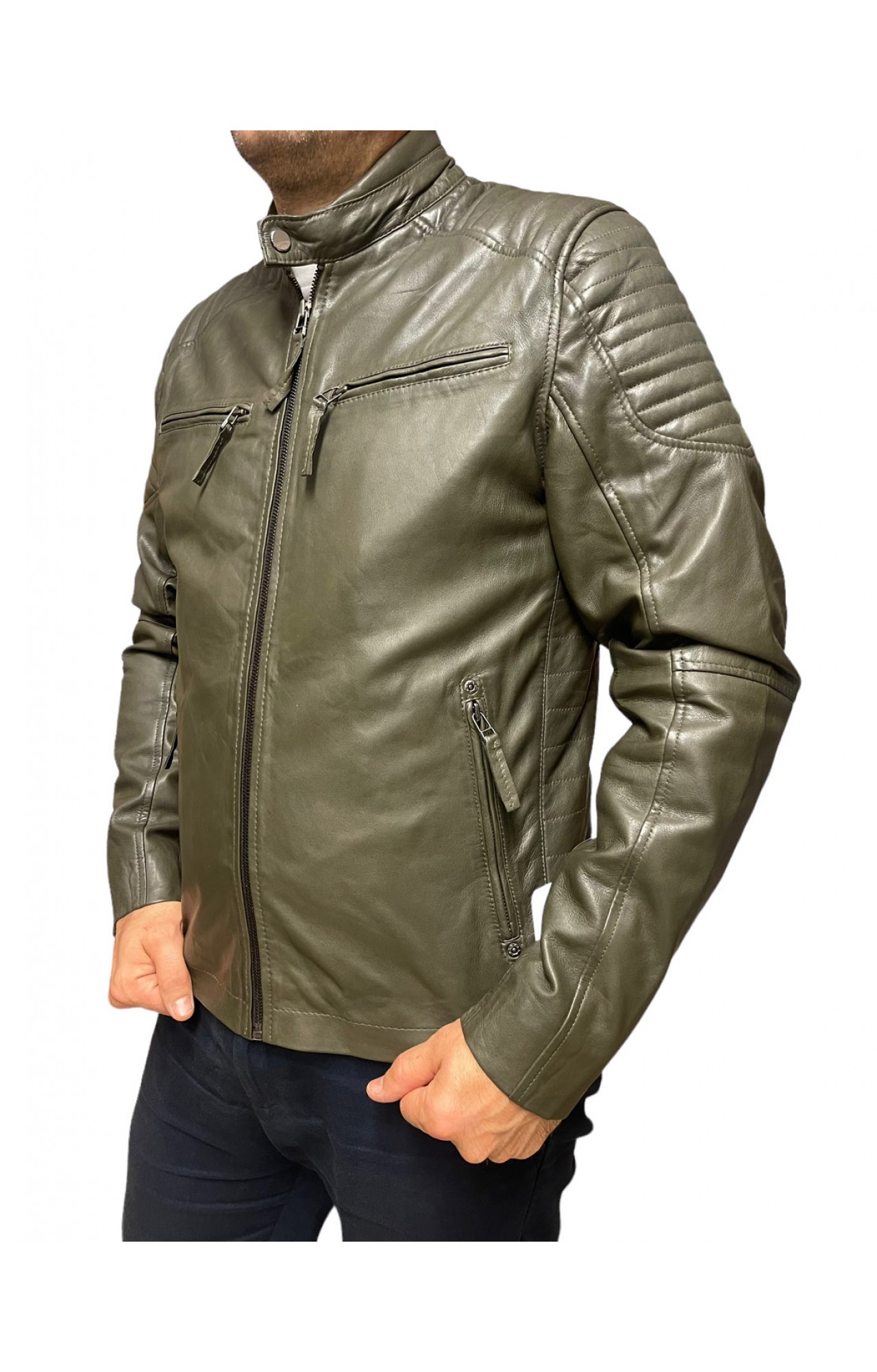 BO-COOPER-OLIVE MENS LEATHER JACKET BIKER 