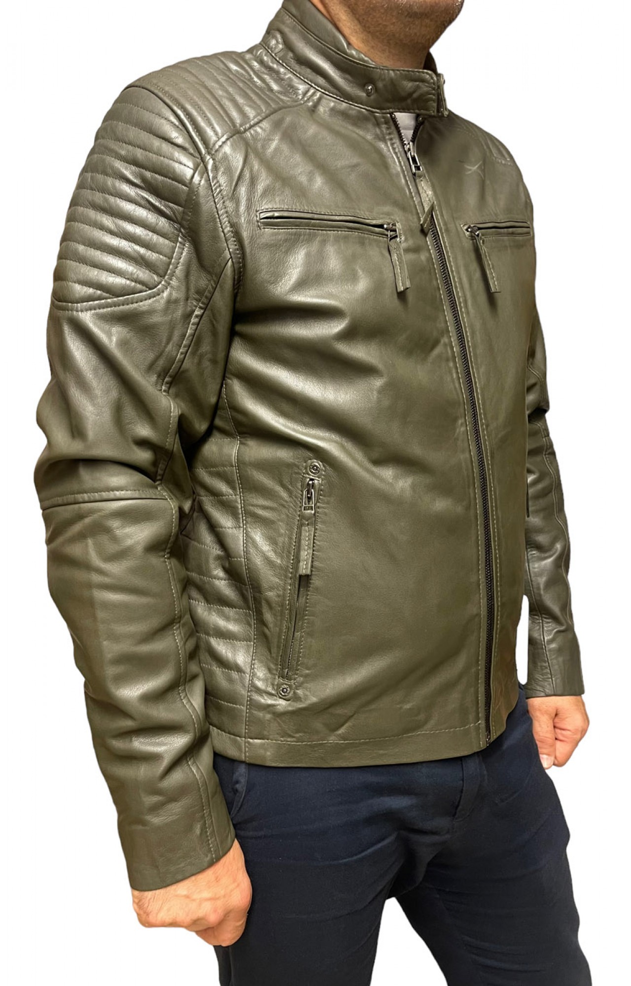 BO-COOPER-OLIVE MENS LEATHER JACKET BIKER 