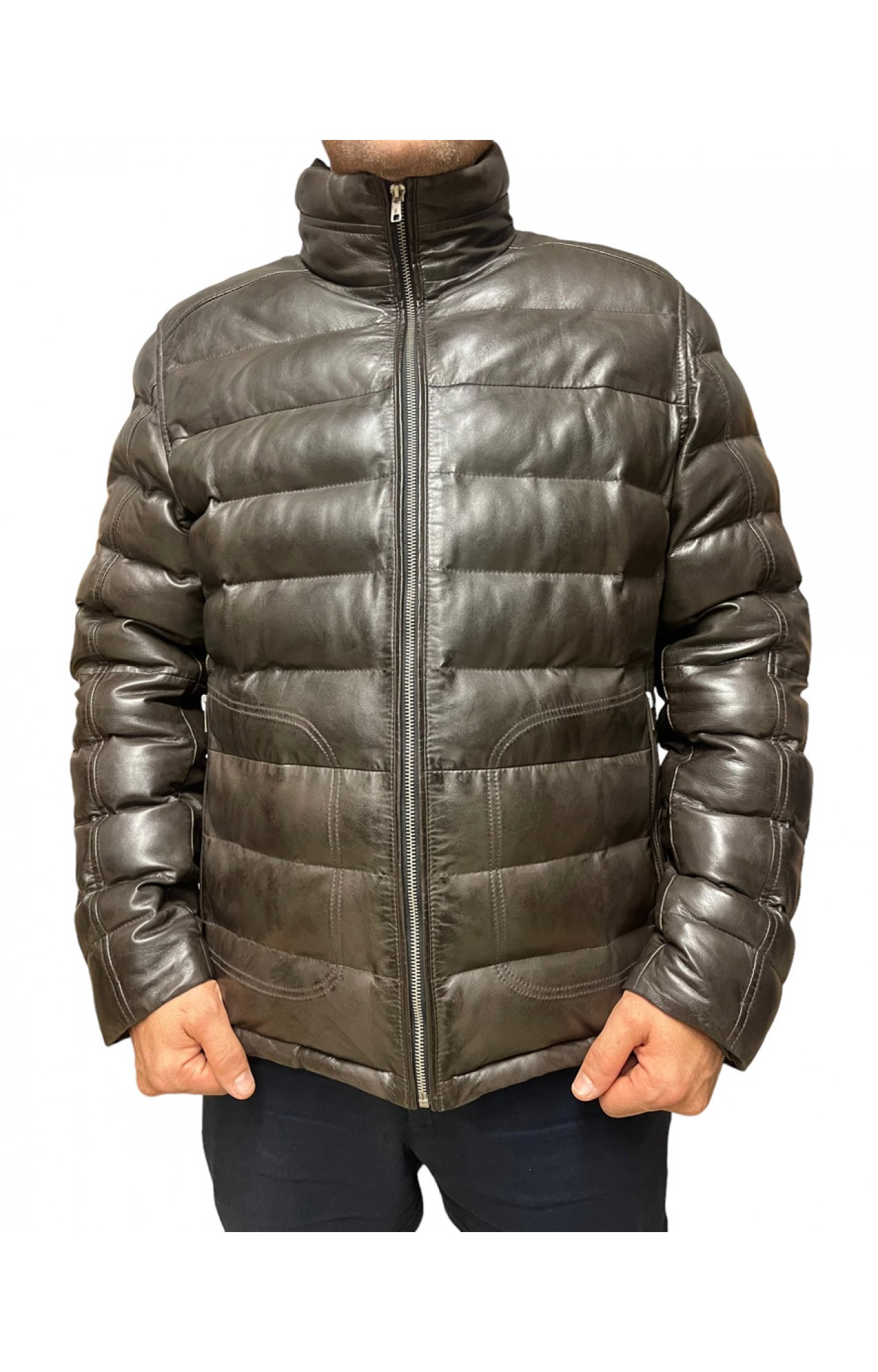 ID-4562-DK BROWN MENS PUFFER LEATHER JACKET