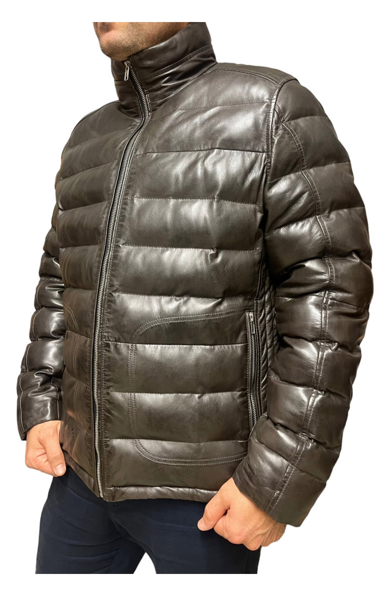 ID-4562-DK BROWN MENS PUFFER LEATHER JACKET