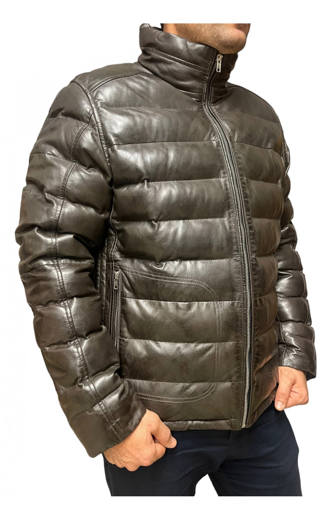 ID-4562-DK BROWN MENS PUFFER LEATHER JACKET