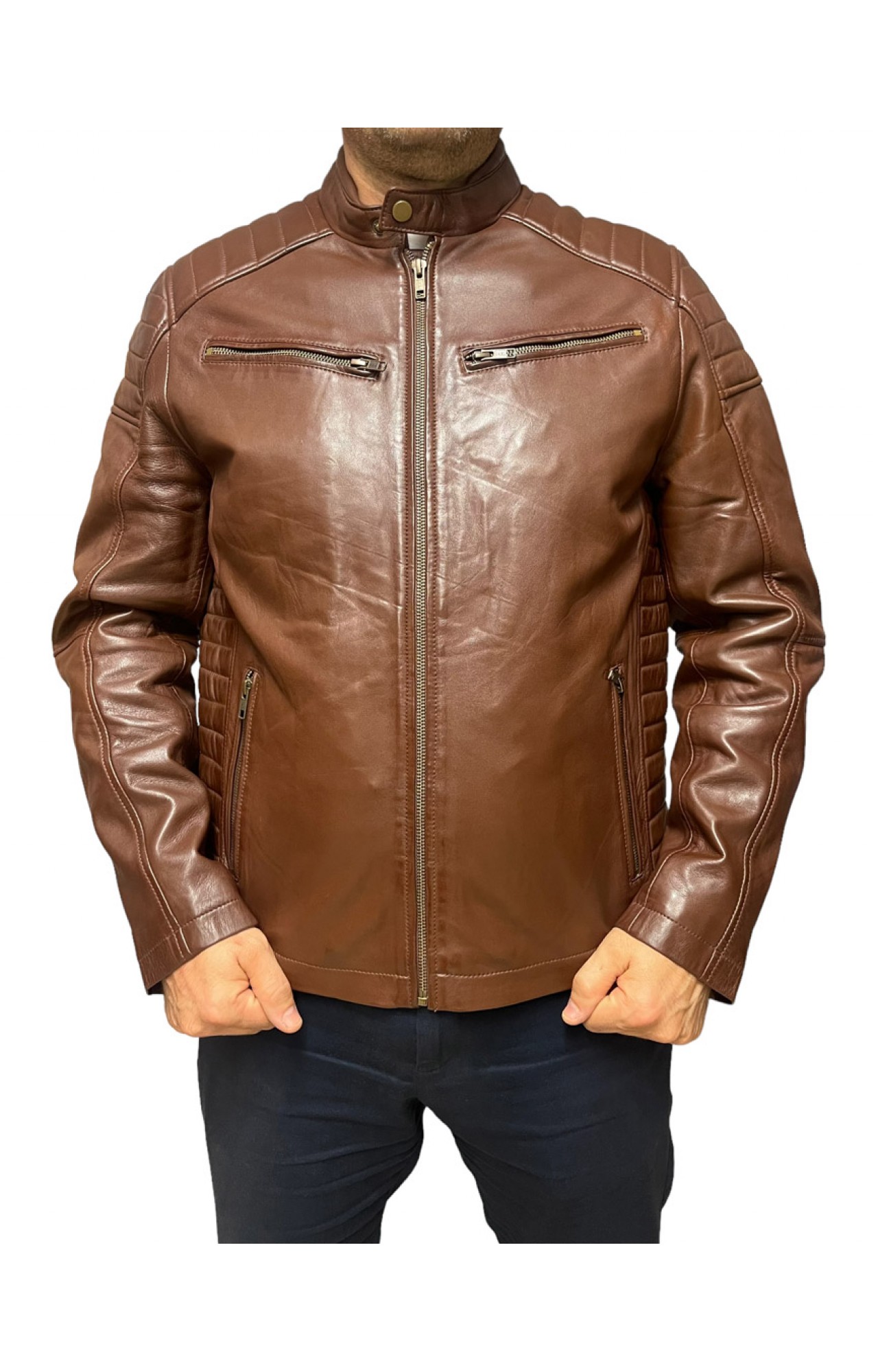 ID-4566 MENS LEATHER BIKER JACKET BROWN