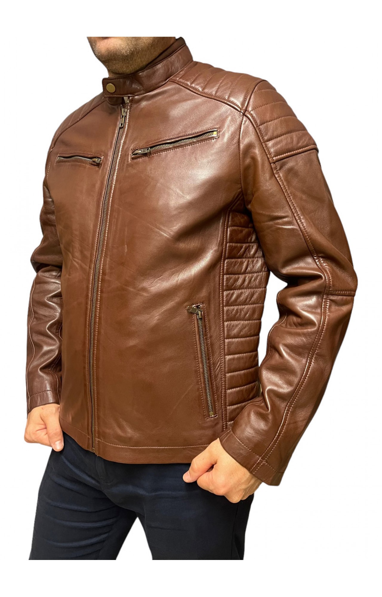 ID-4566 MENS LEATHER BIKER JACKET BROWN