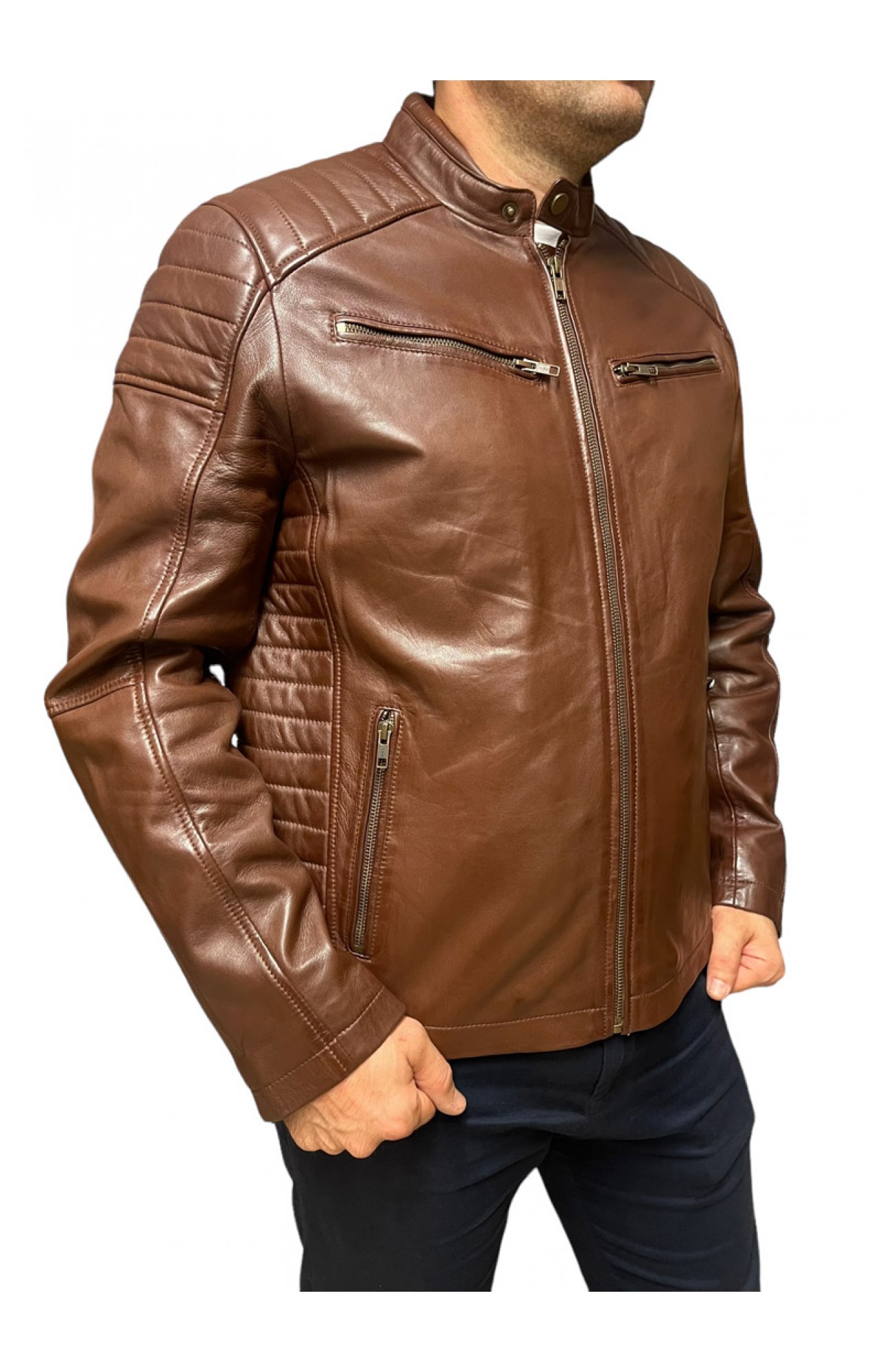 ID-4566 MENS LEATHER BIKER JACKET BROWN