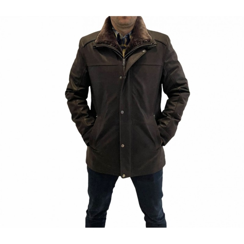 GR-299 ΑΝΔΡΙΚΟ ΔΕΡΜΑΤΙΝΟ ΤΖΑΚΕΤ ΜΟΣΧΑΡΙ ΣΕΒΡΕΤ  ΜΕ ΦΥΣΙΚΗ ΓΟΥΝΑ ΜΟΥΤΟΝ ΚΑΦΕ