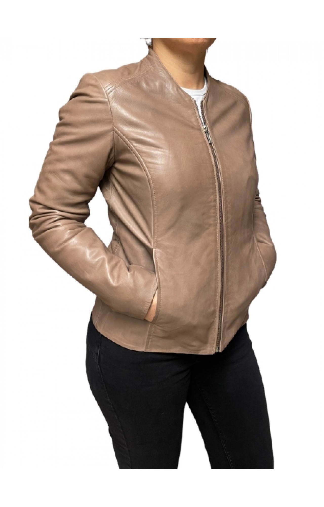 AW23-73-TAUPE WOMEN'S LEATHER BIKER JACKET