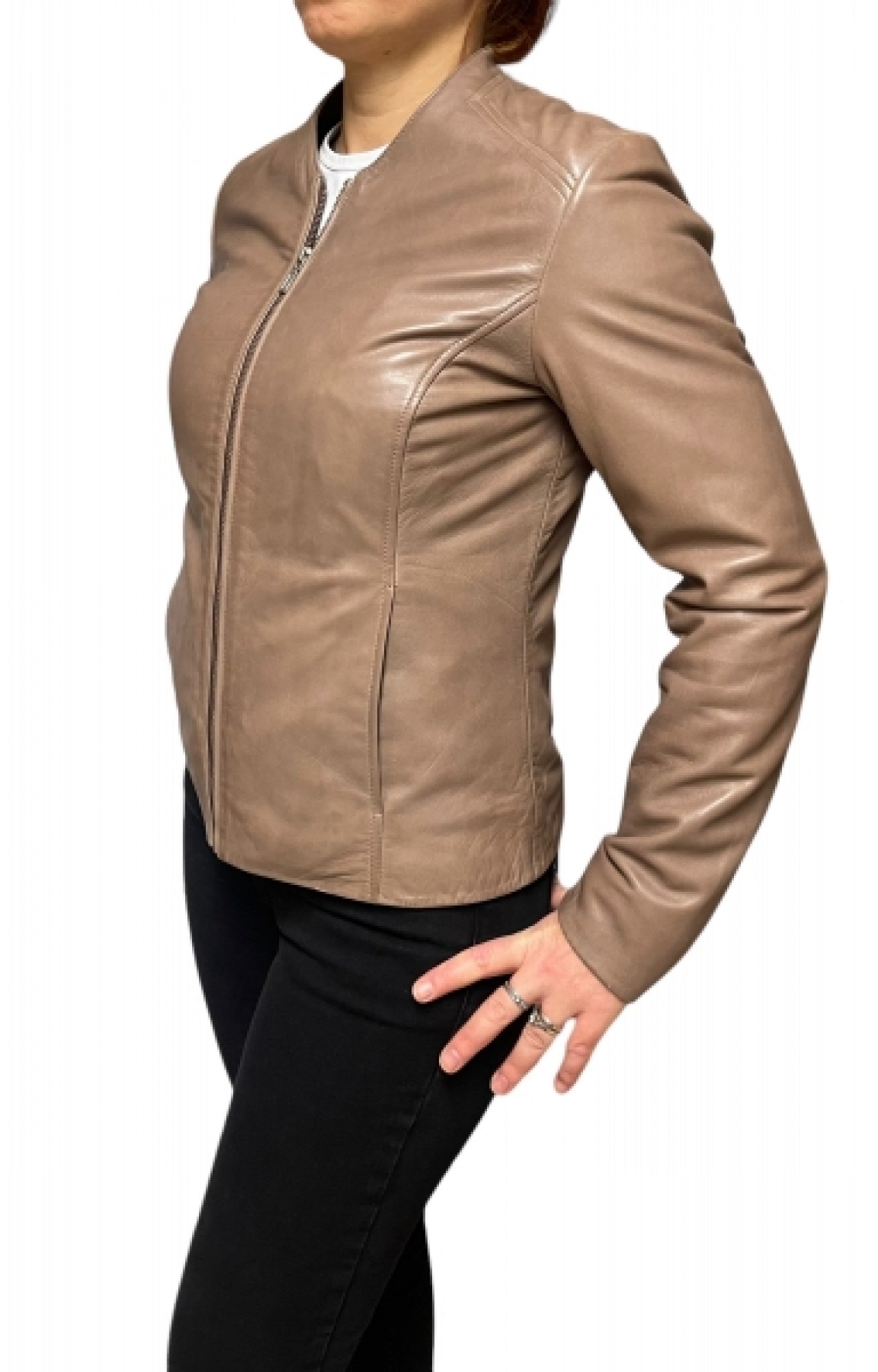AW23-73-TAUPE WOMEN'S LEATHER BIKER JACKET