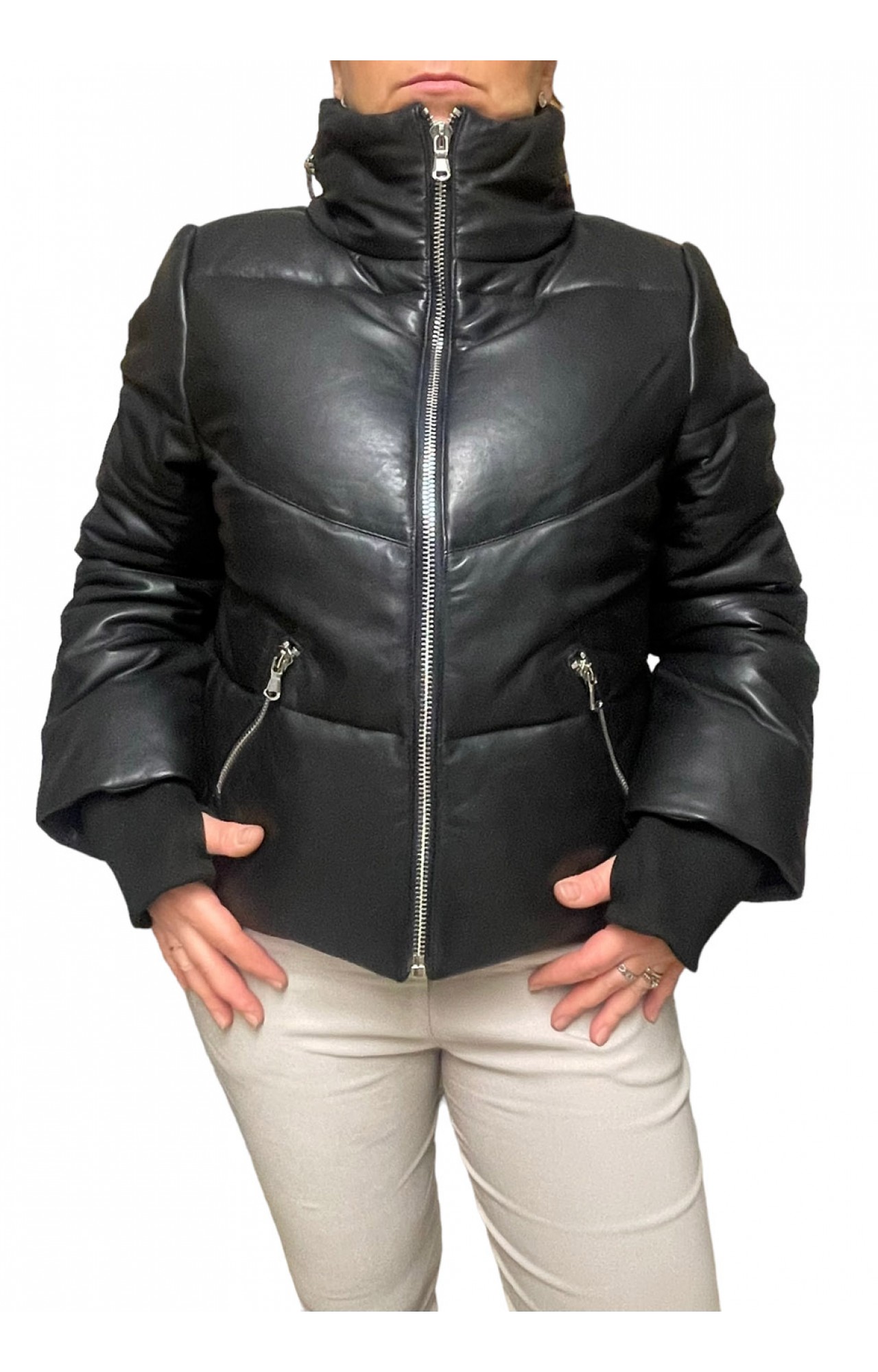 EDWINA-BLACK WOMENS LEATHER PUFFER JACKET