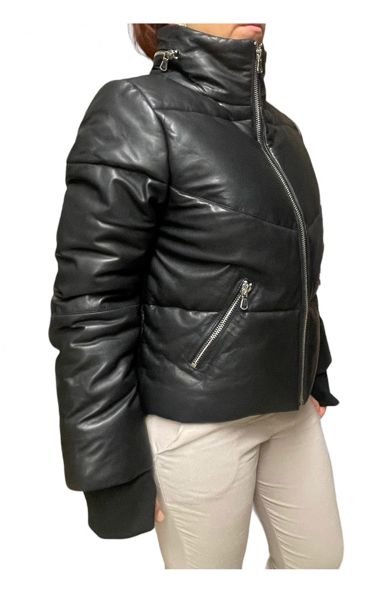 EDWINA-BLACK WOMENS LEATHER PUFFER JACKET
