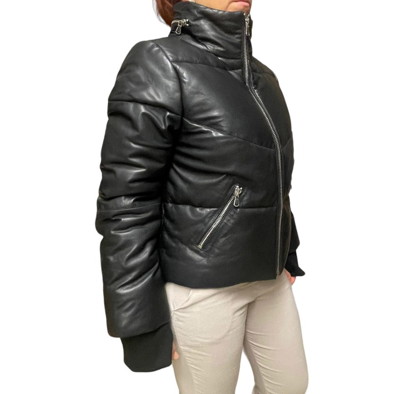 EDWINA-BLACK ΓΥΝΑΙΚΕΙΟ ΔΕΡΜΑΤΙΝΟ ΜΠΟΥΦΑΝ PUFFER ΜΑΥΡΟ