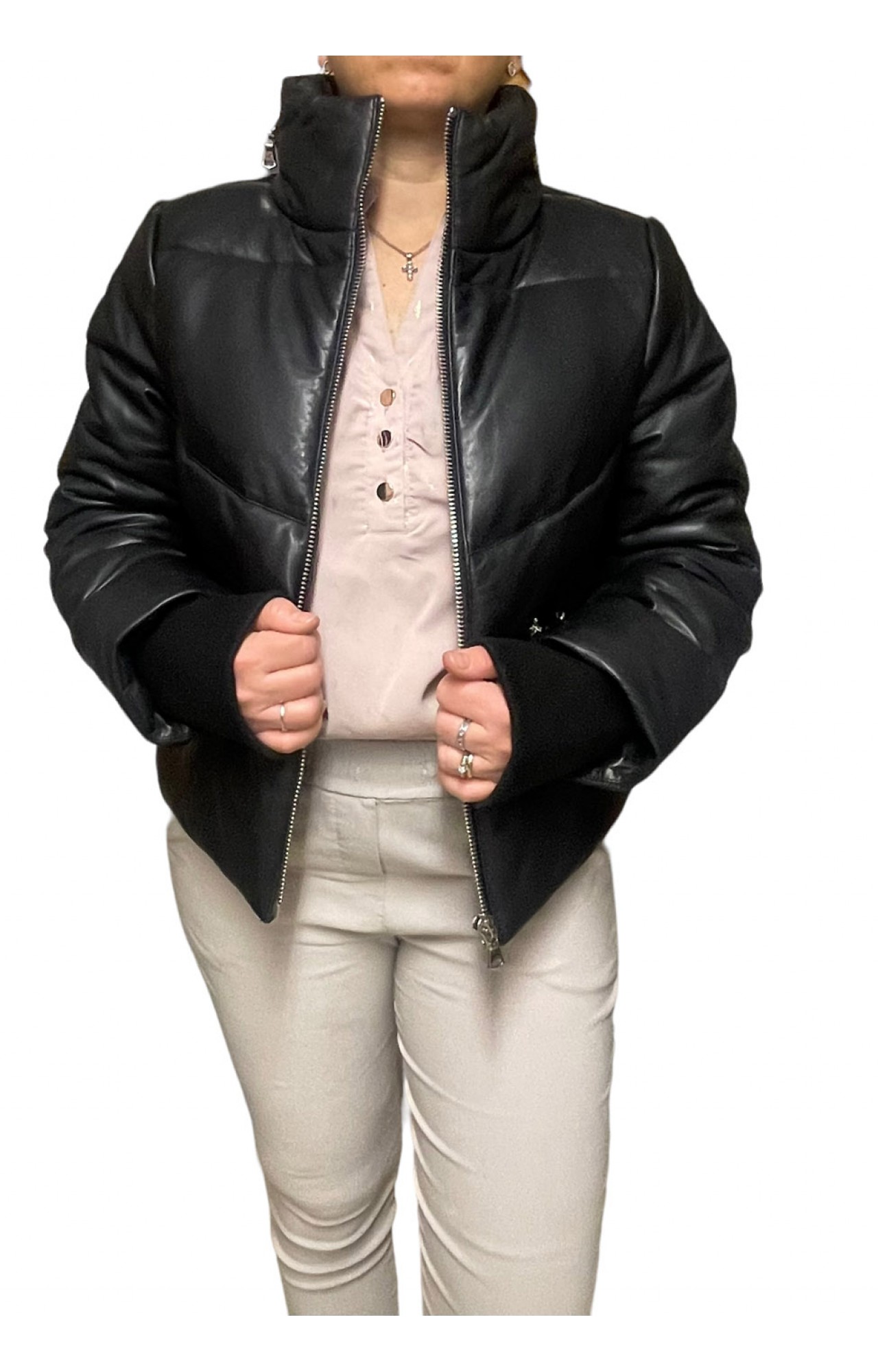 EDWINA-BLACK WOMENS LEATHER PUFFER JACKET