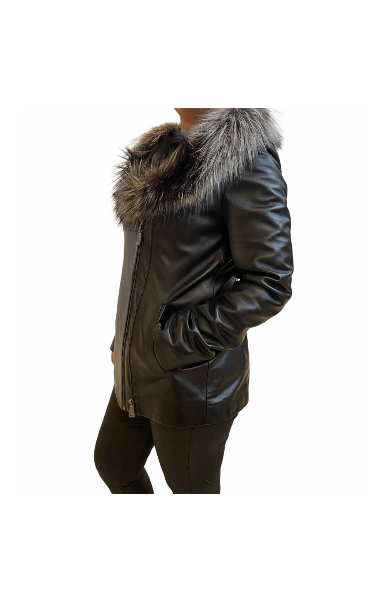 MARKOS LEATHER R-9910 WOMENS LEATHER BIKER WITH NATURAL FUR BLACK