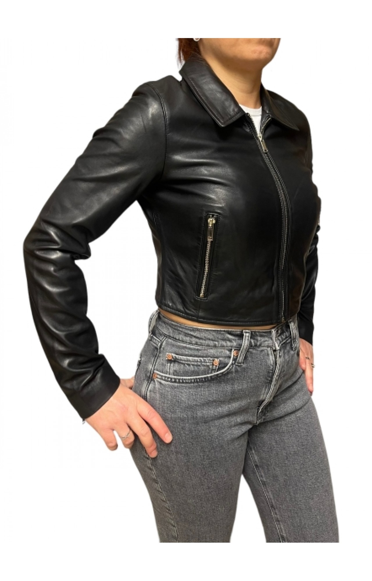 AW23-76-SHORT WOMENS LEATHER JACKET BLACK