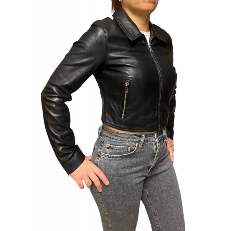 AW23-76-SHORT ΓΥΝΑΙΚΕΙΟ ΔΕΡΜΑΤΙΝΟ ΜΠΟΥΦΑΝ ΜΑΥΡΟ