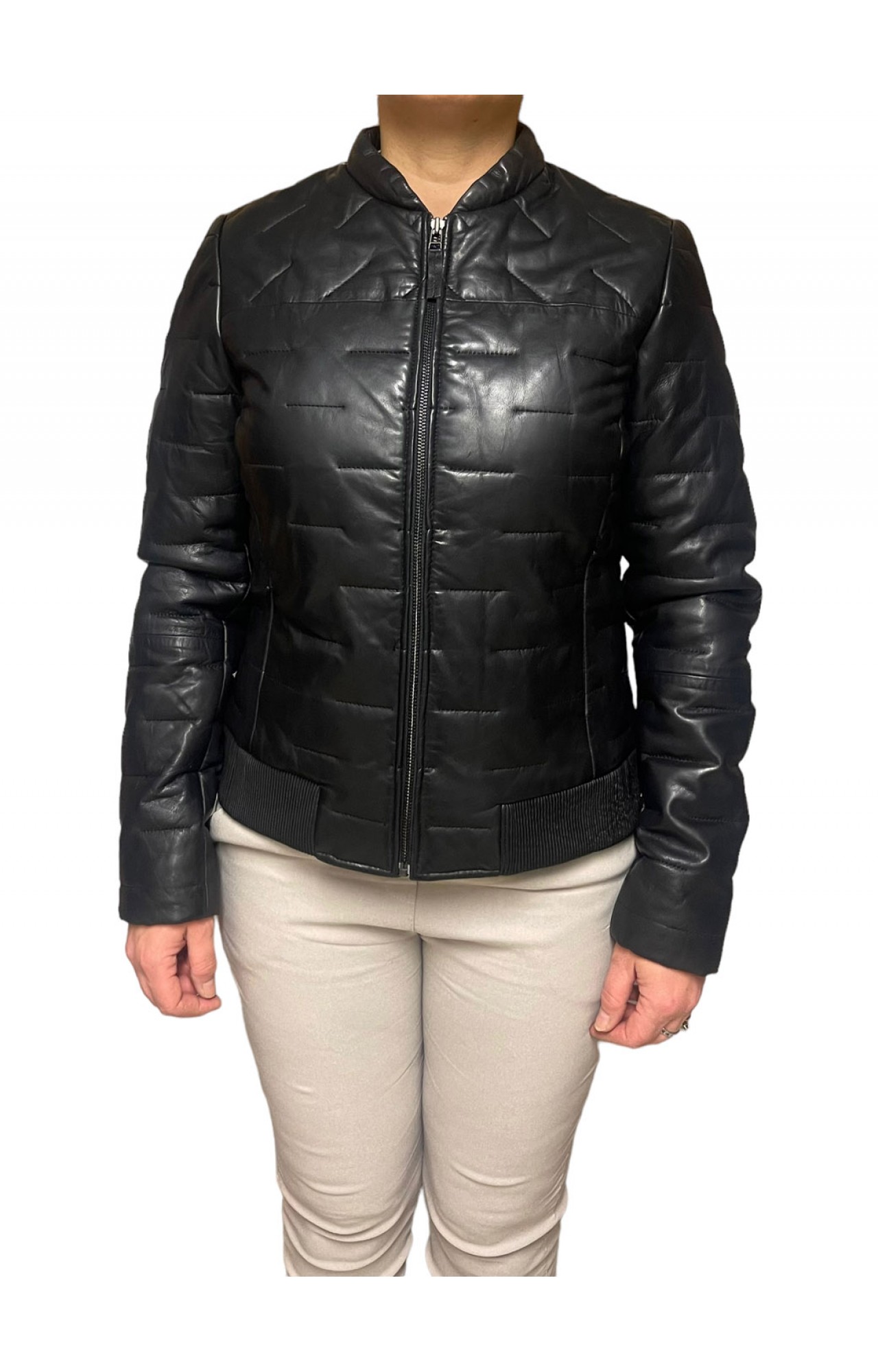AW23-60-BLACK WOMENS LEATHER BOMBER PUFFER JACKET