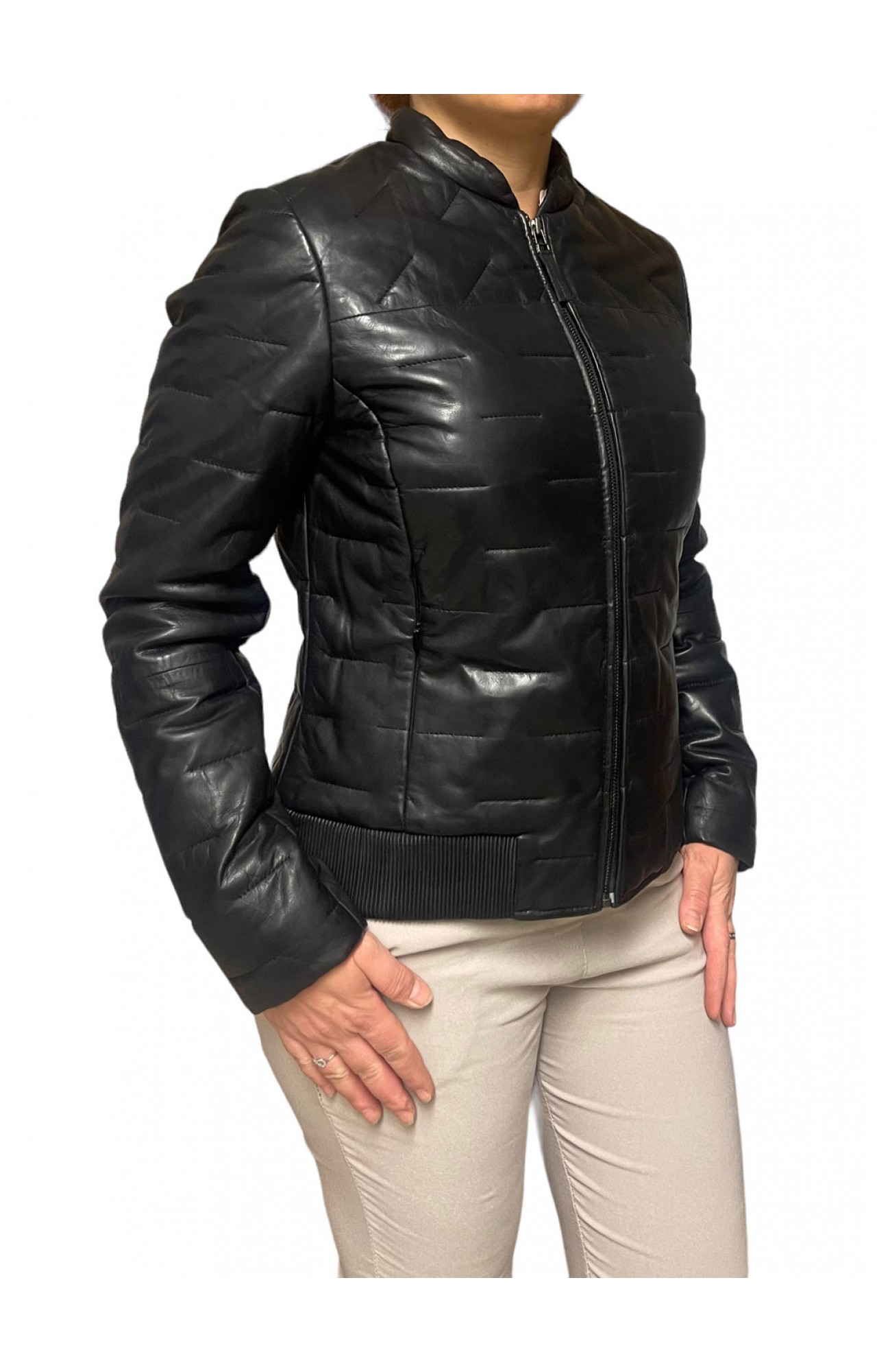 AW23-60-BLACK WOMENS LEATHER BOMBER PUFFER JACKET