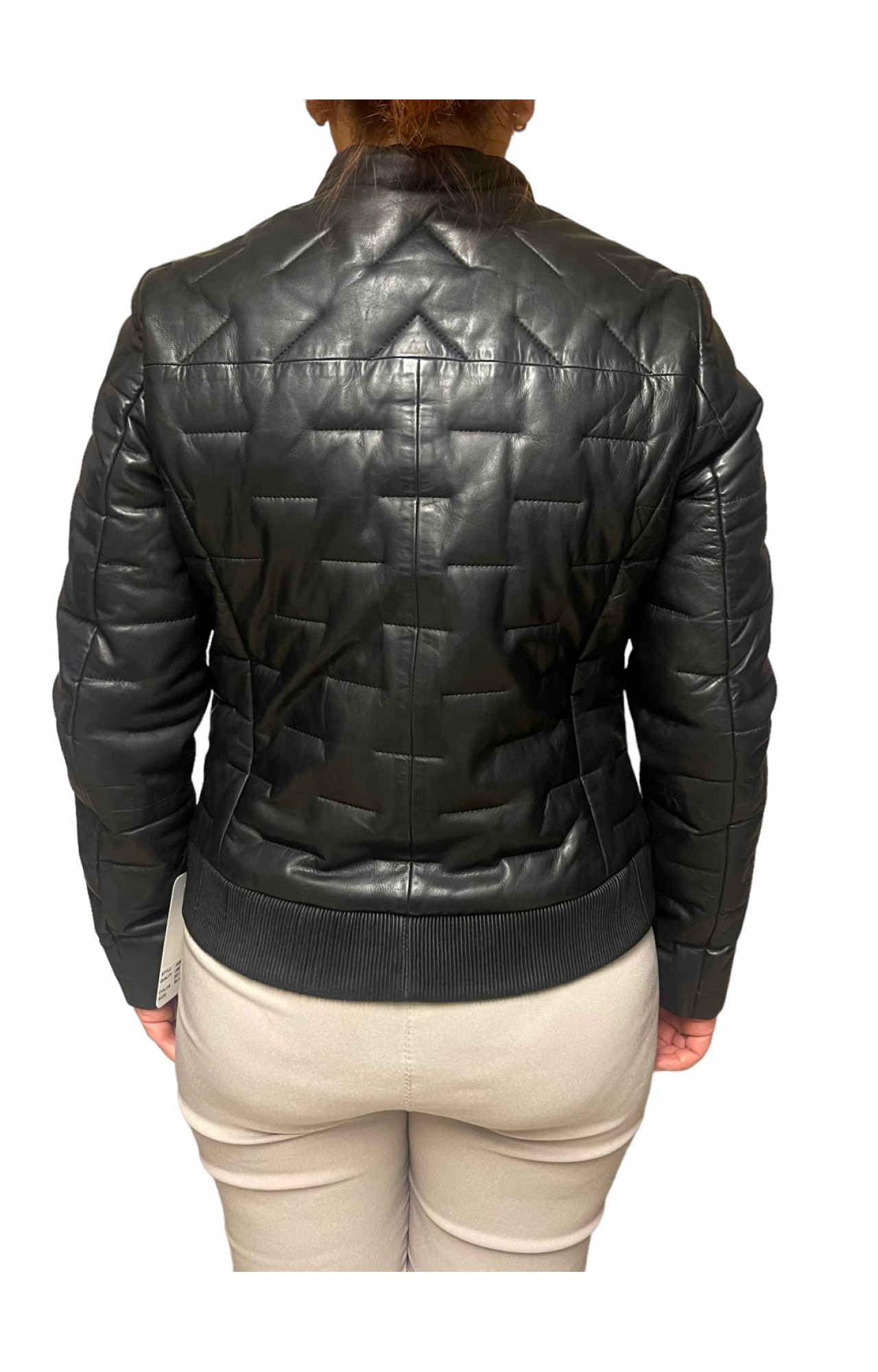 AW23-60-BLACK WOMENS LEATHER BOMBER PUFFER JACKET