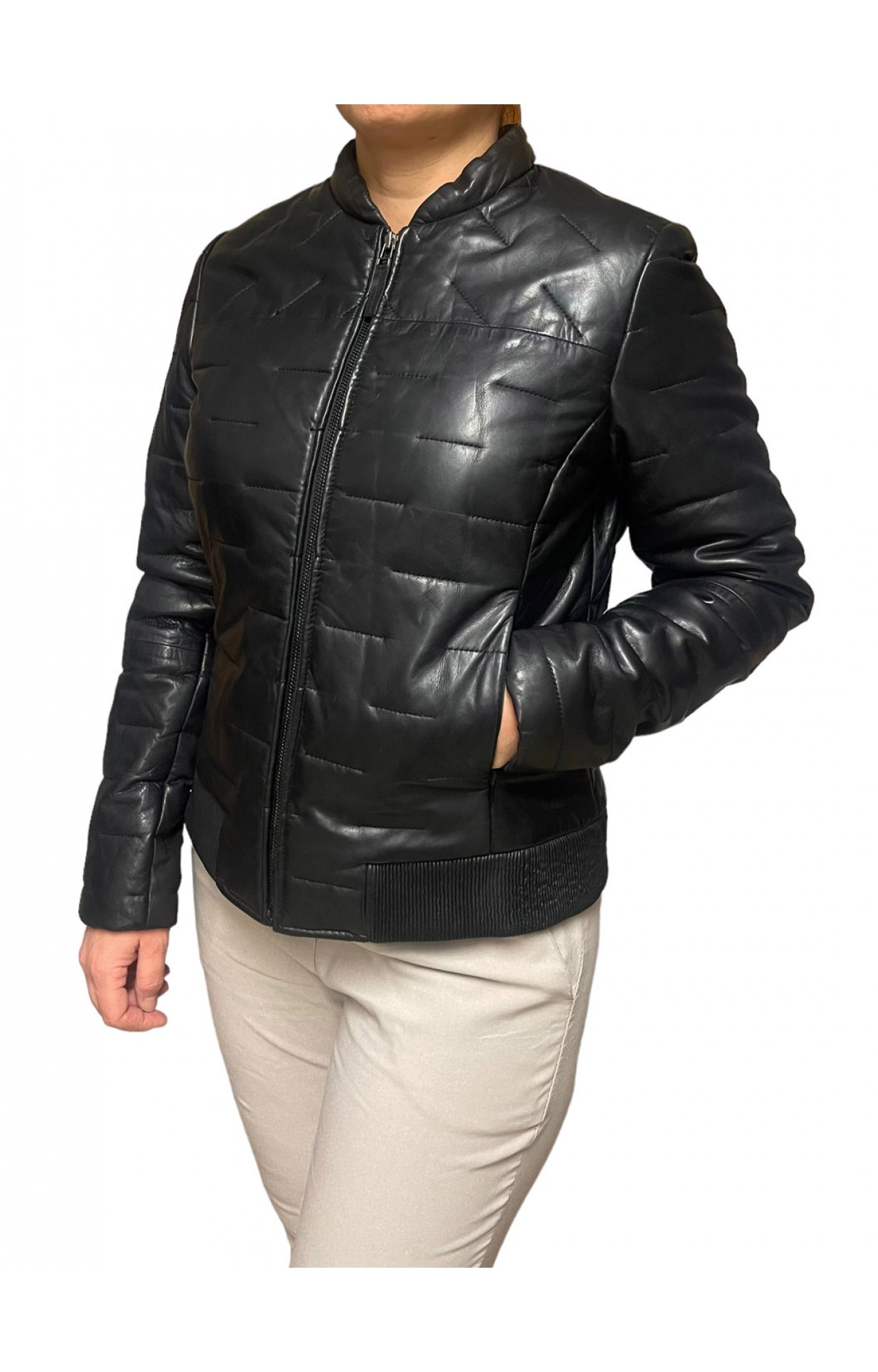 AW23-60-BLACK WOMENS LEATHER BOMBER PUFFER JACKET