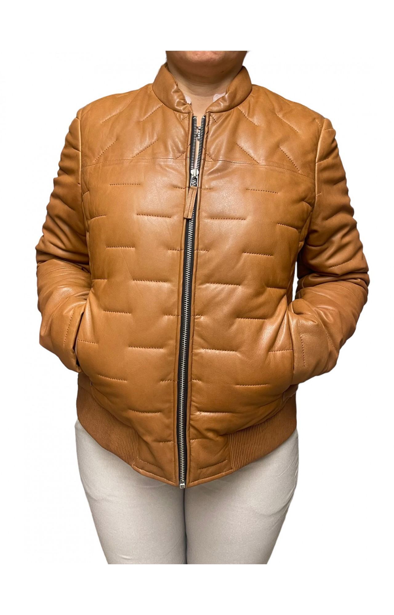 AW23-60-COGNAC WOMEN'S LEATHER BOMBER JACKET PUFFER