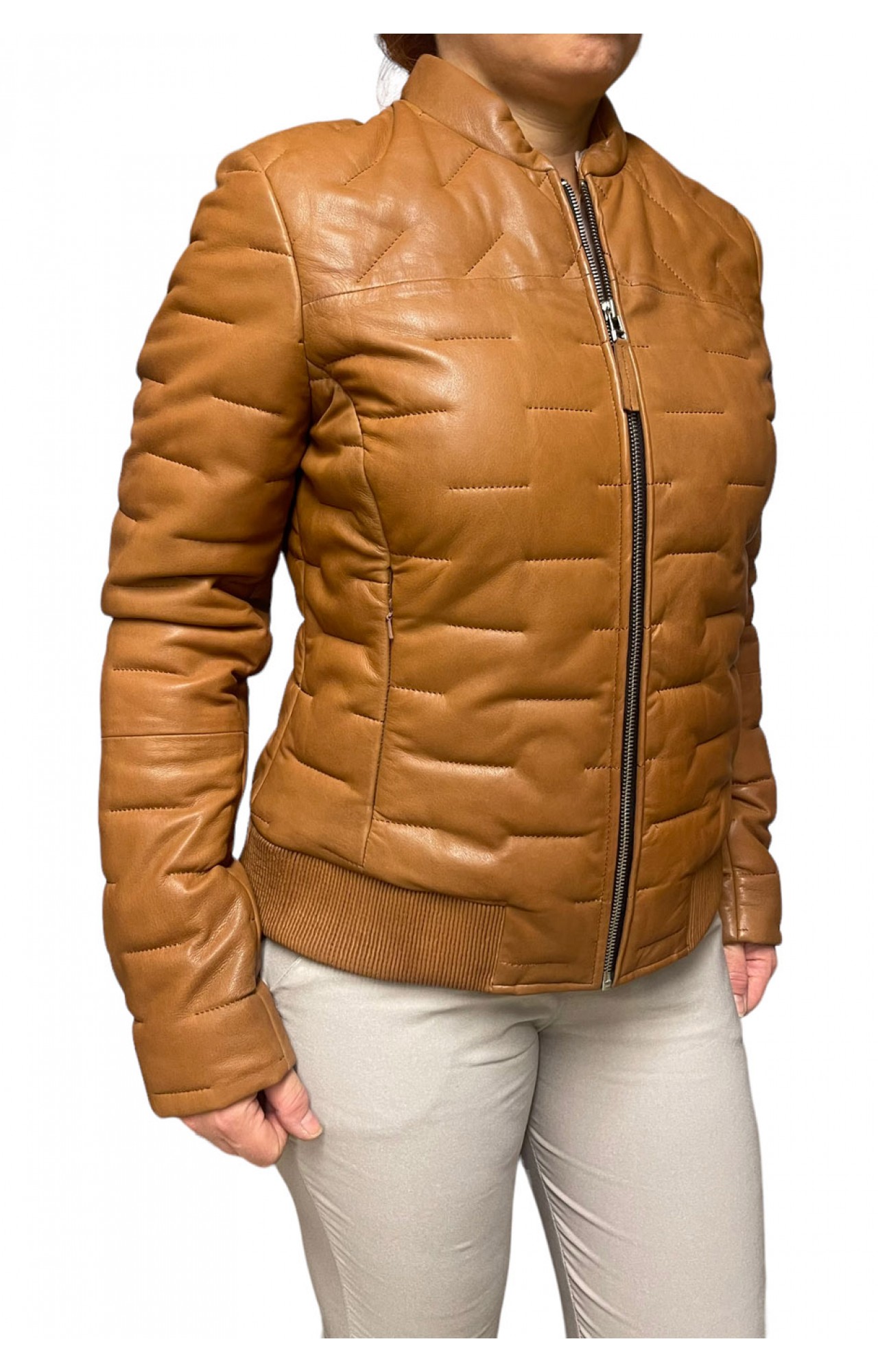 AW23-60-COGNAC WOMEN'S LEATHER BOMBER JACKET PUFFER