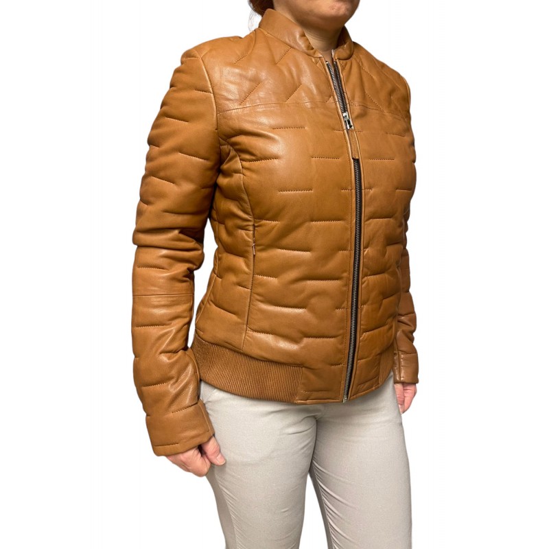 AW23-60-COGNAC ΓΥΝΑΙΚΕΙΟ ΔΕΡΜΑΤΙΝΟ BOMBER ΜΠΟΥΦΑΝ PUFFER ΤΑΜΠΑ