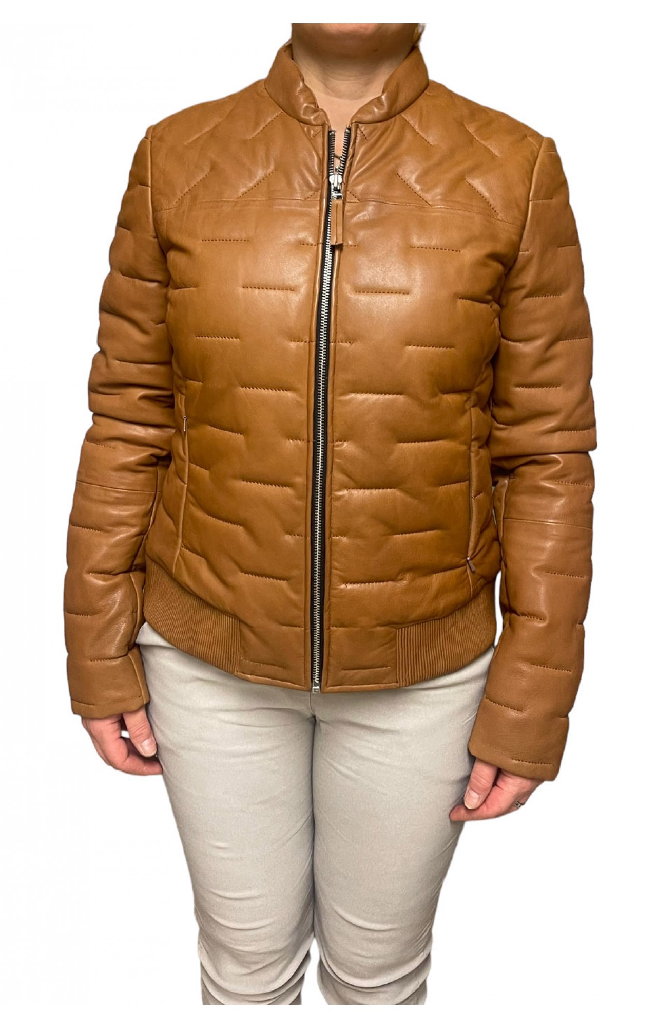 AW23-60-COGNAC WOMEN'S LEATHER BOMBER JACKET PUFFER