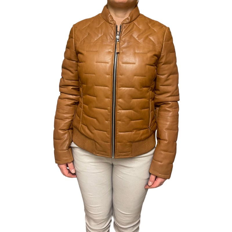 AW23-60-COGNAC ΓΥΝΑΙΚΕΙΟ ΔΕΡΜΑΤΙΝΟ BOMBER ΜΠΟΥΦΑΝ PUFFER ΤΑΜΠΑ
