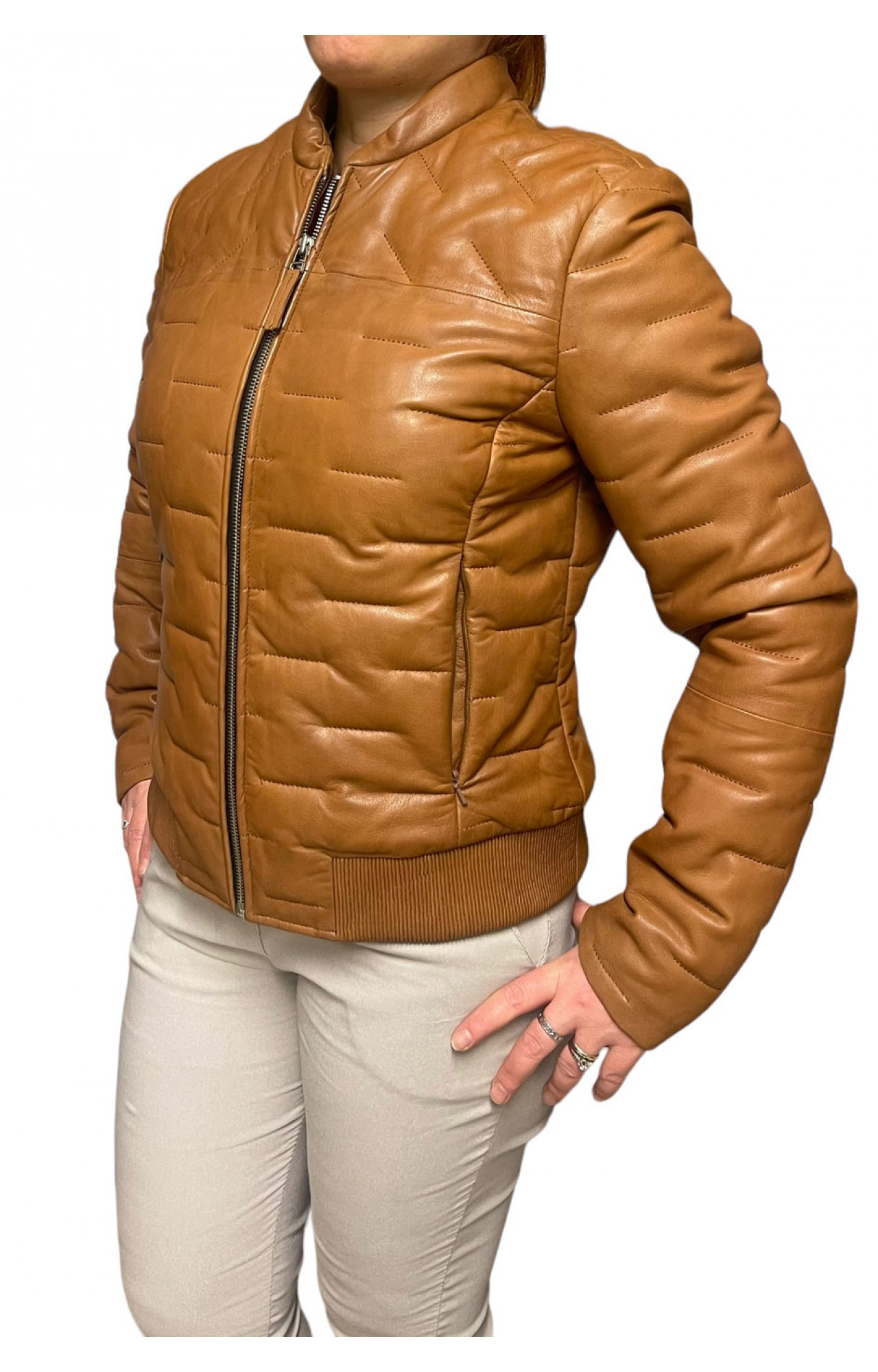 AW23-60-COGNAC WOMEN'S LEATHER BOMBER JACKET PUFFER