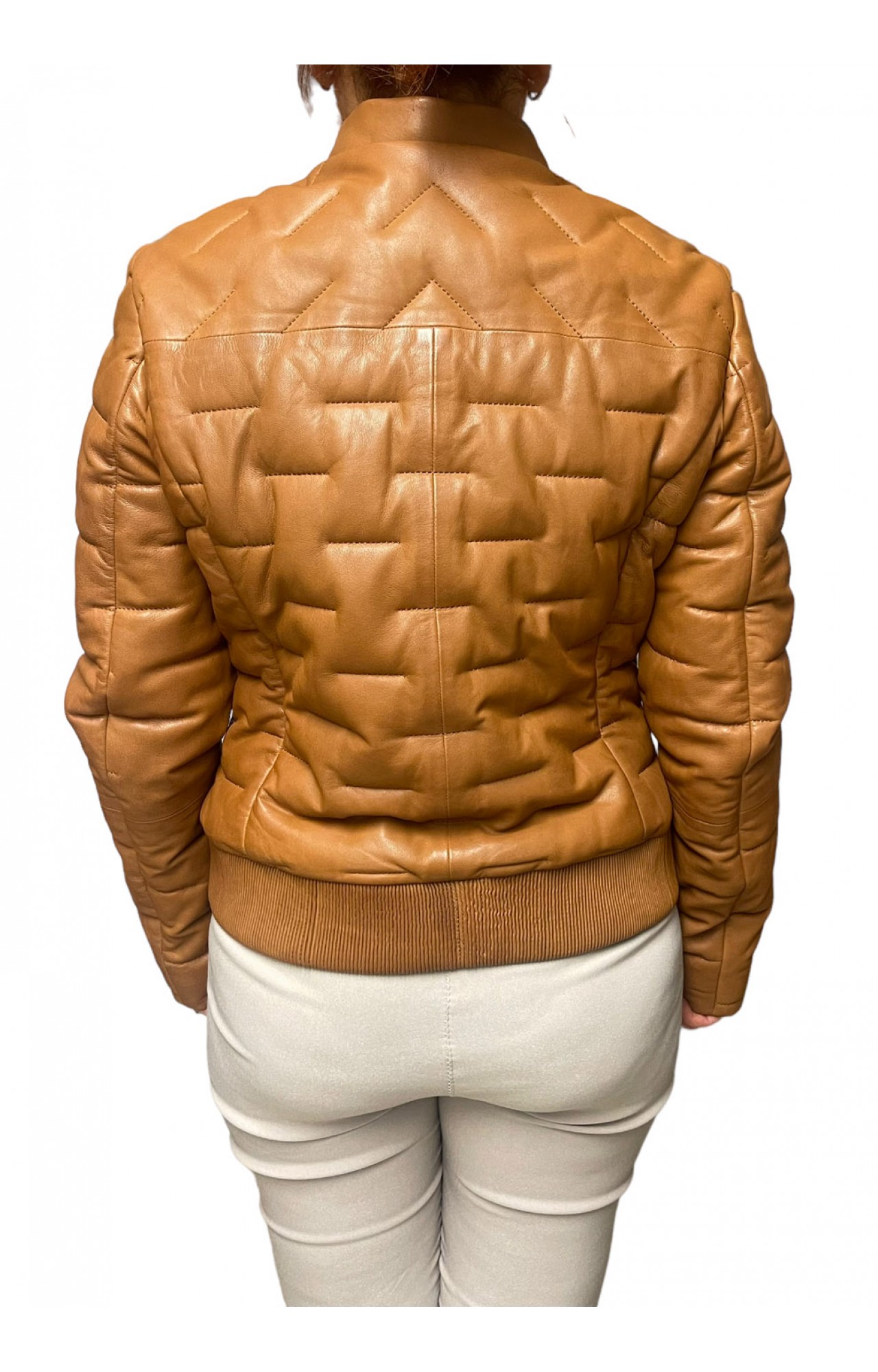 AW23-60-COGNAC WOMEN'S LEATHER BOMBER JACKET PUFFER