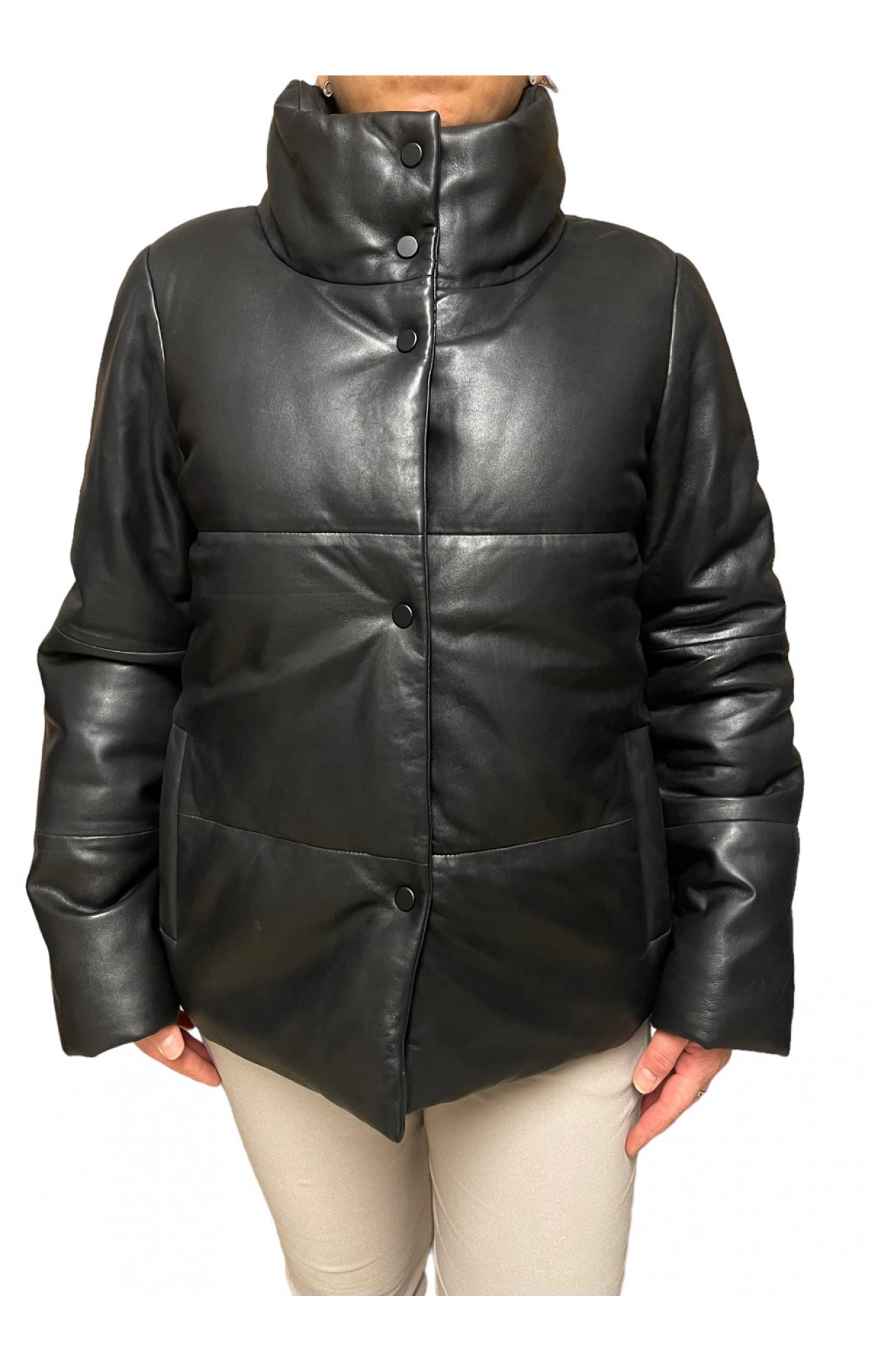 IE1-BLACK WOMENS LEATHER PUFFER JACKET