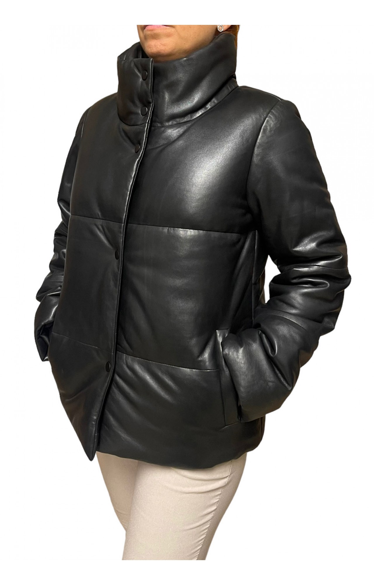 IE1-BLACK WOMENS LEATHER PUFFER JACKET