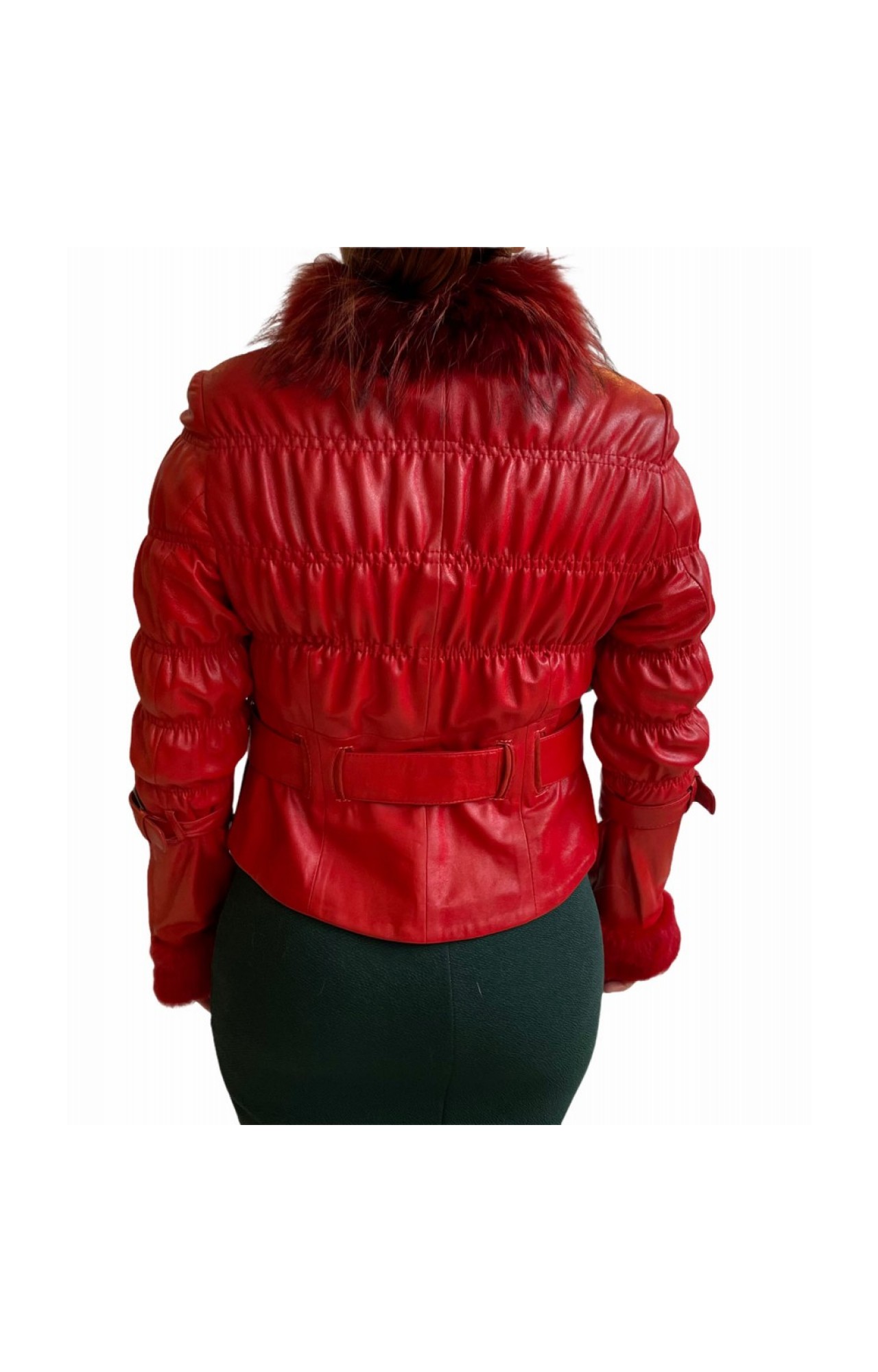 YASM WOMEN'S LEATHER JACKET BIKER WITH NATURAL FUR RED