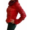 YASM WOMEN'S LEATHER JACKET BIKER WITH NATURAL FUR RED