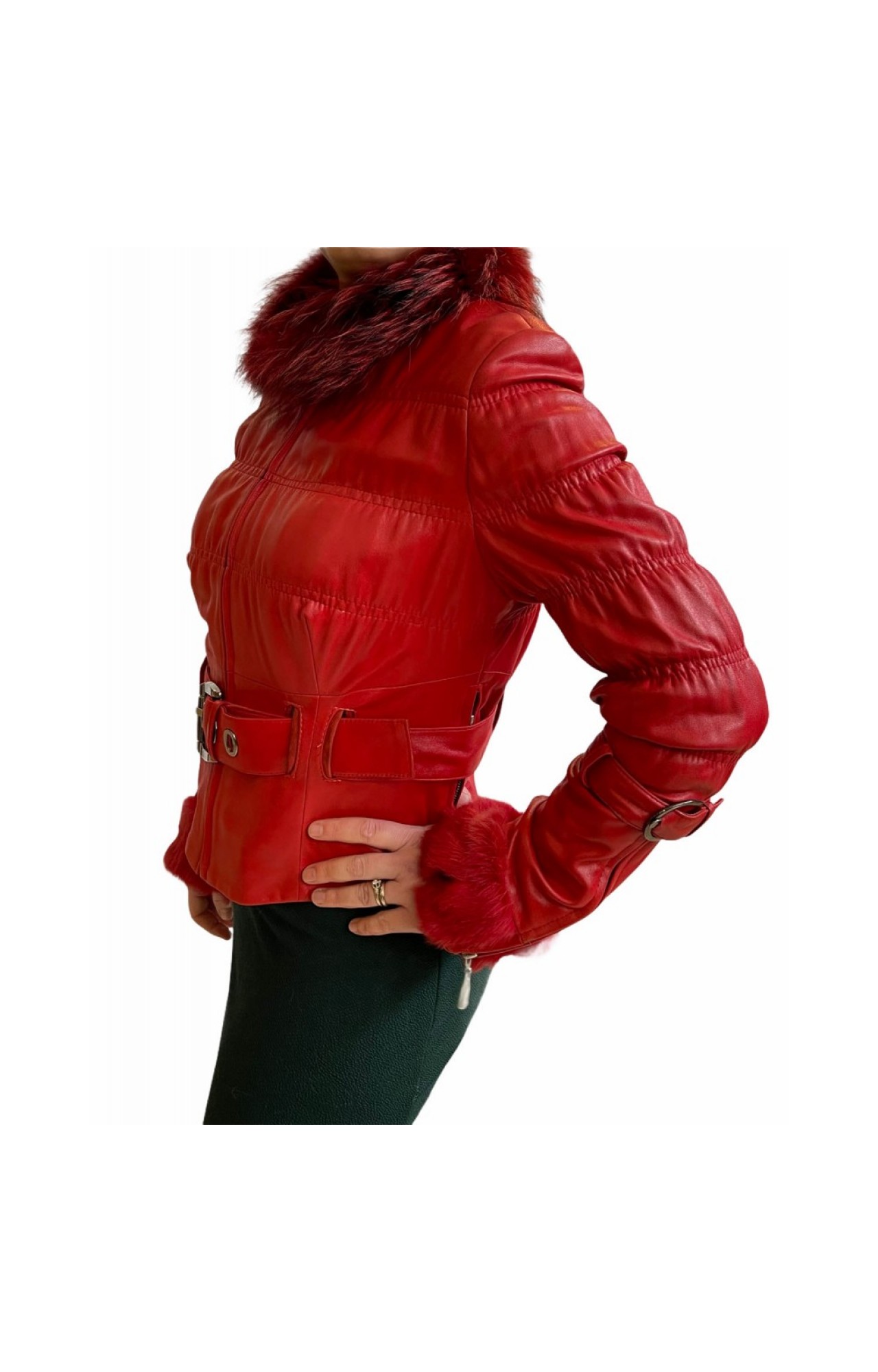 YASM WOMEN'S LEATHER JACKET BIKER WITH NATURAL FUR RED
