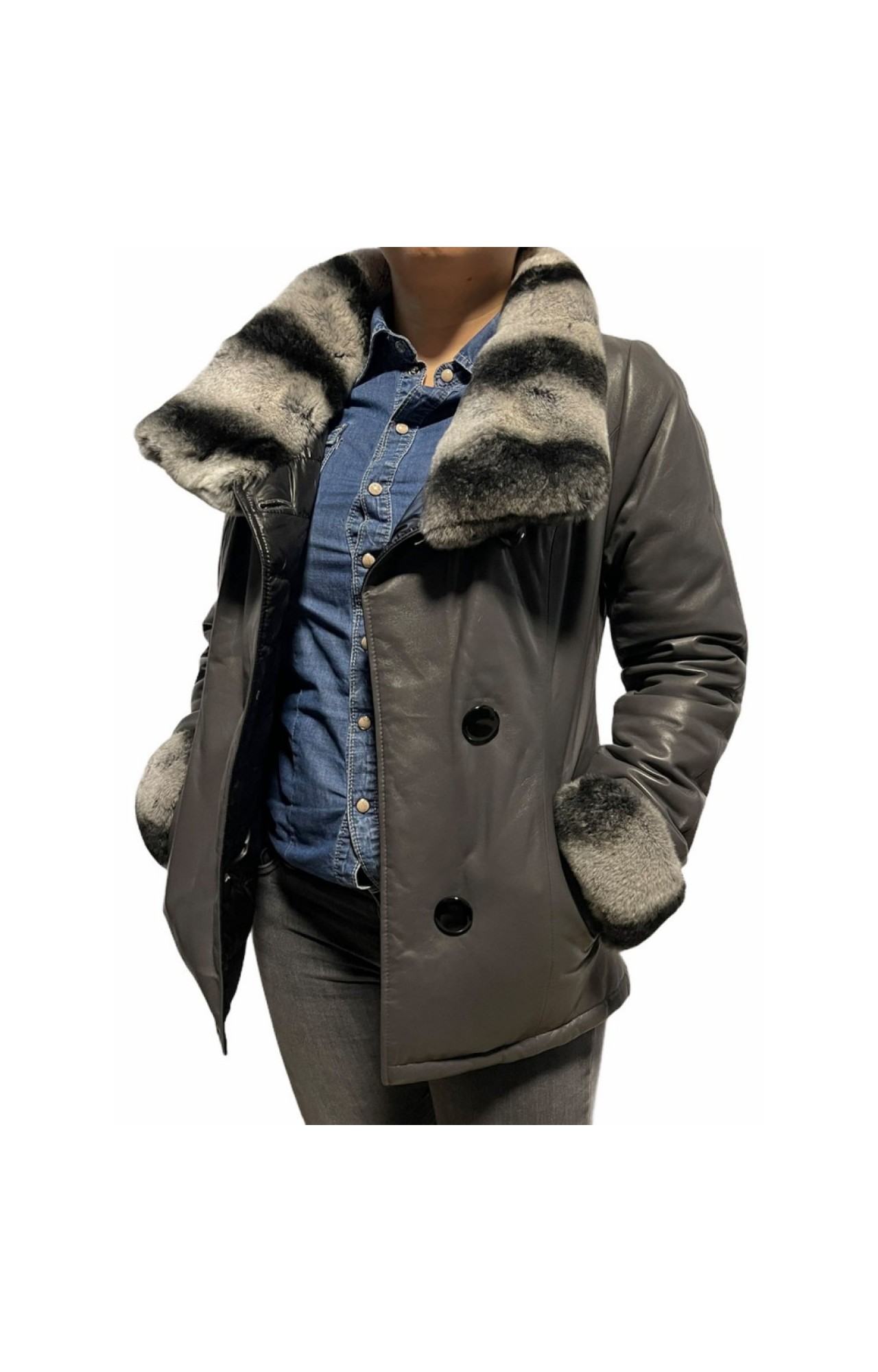 MARKOS LEATHER 9661-C WOMENS LEATHER GREY DOUBLE SIDE JACKET WITH NATURAL FUR