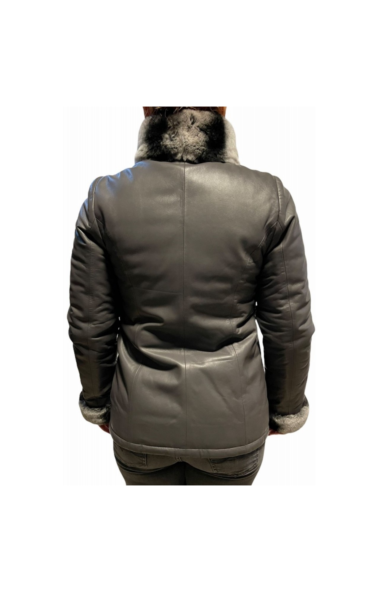 MARKOS LEATHER 9661-C WOMENS LEATHER GREY DOUBLE SIDE JACKET WITH NATURAL FUR