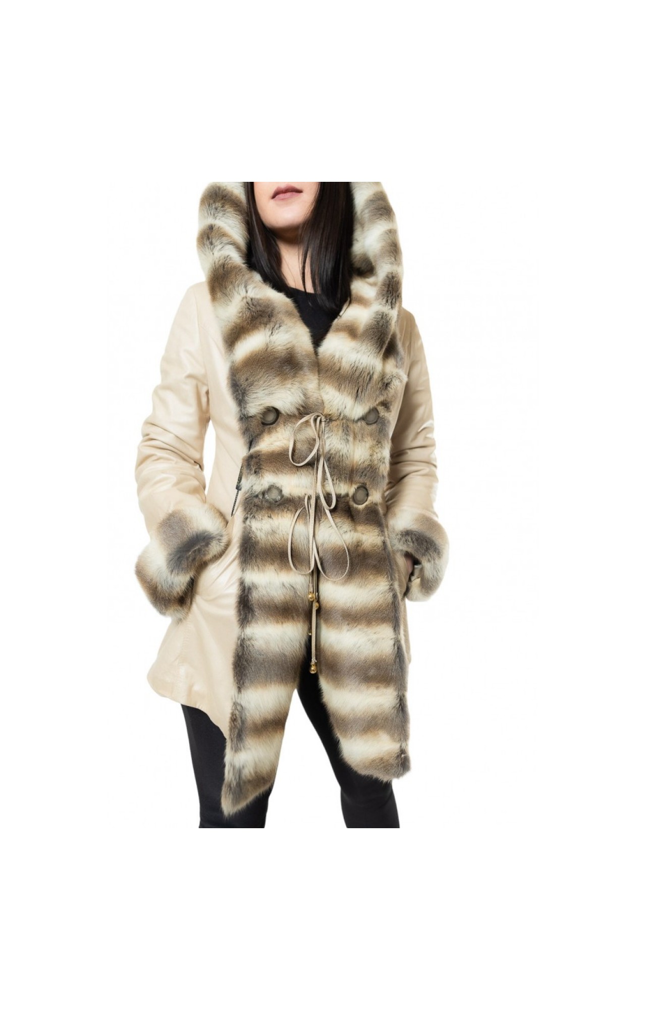 MARKOS LEATHER KU-BK-1060 WOMENS LEATHER WITH HOOD AND BELT  BEIGE