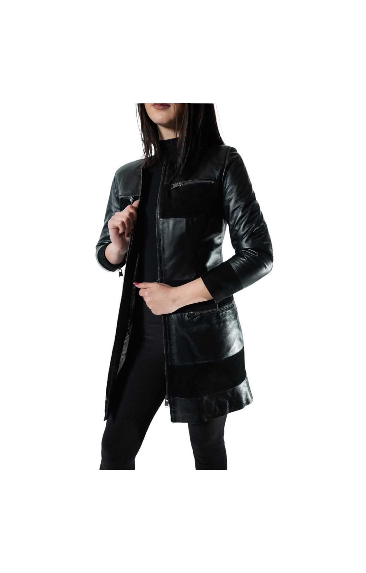 R-2870 WOMENS SEMI COAT LEATHER WITH SUEDE AND NAPPA BLACK