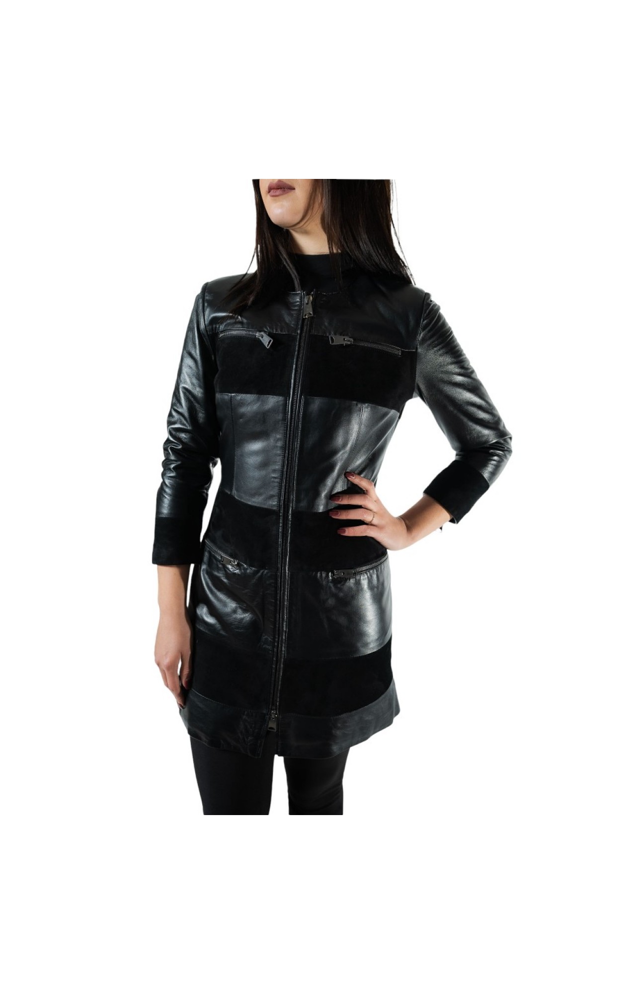 R-2870 WOMENS SEMI COAT LEATHER WITH SUEDE AND NAPPA BLACK