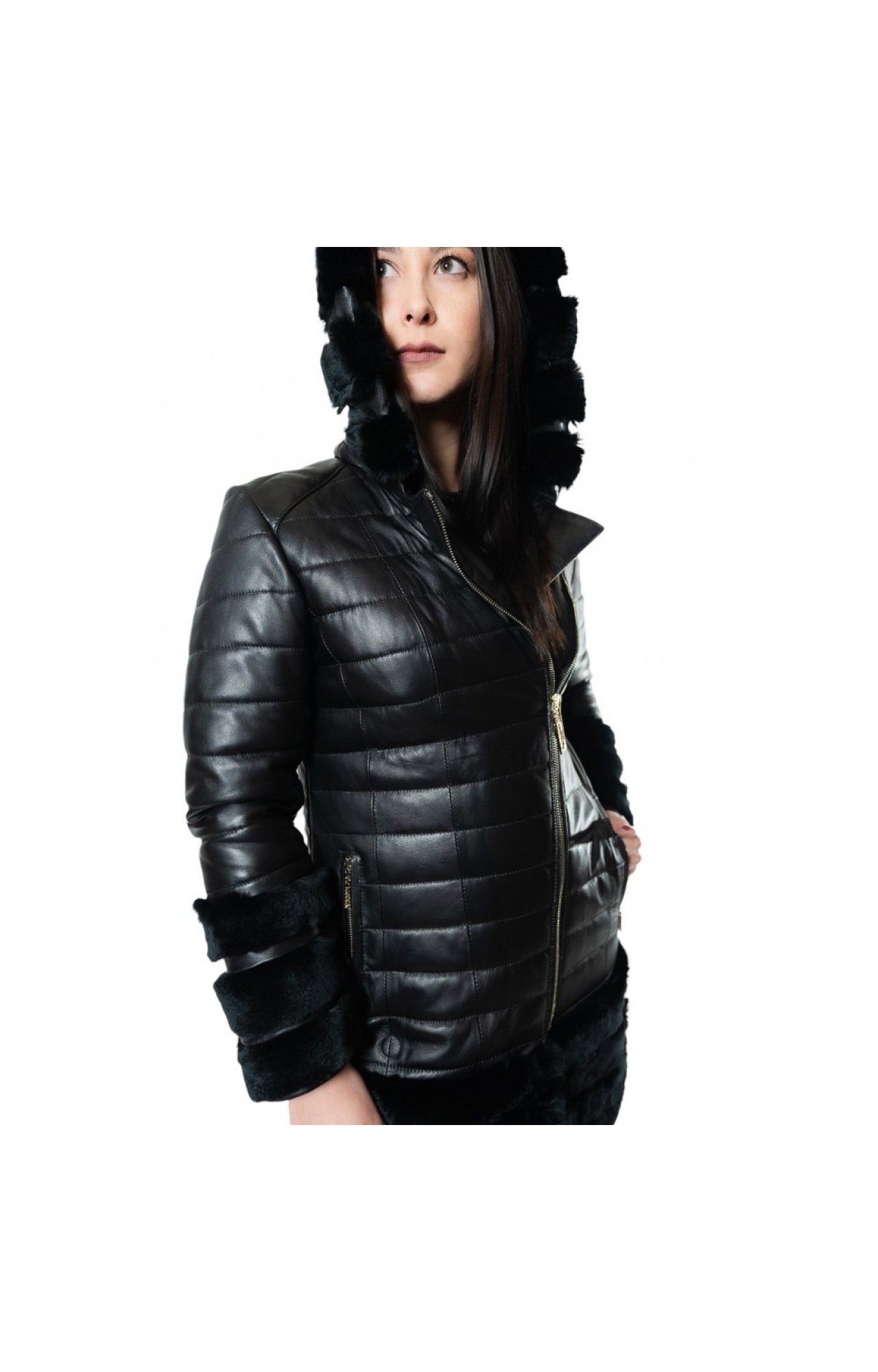 R-410 PERFECTO LEATHER JACKET WITH NATURAL REX FUR BLACK