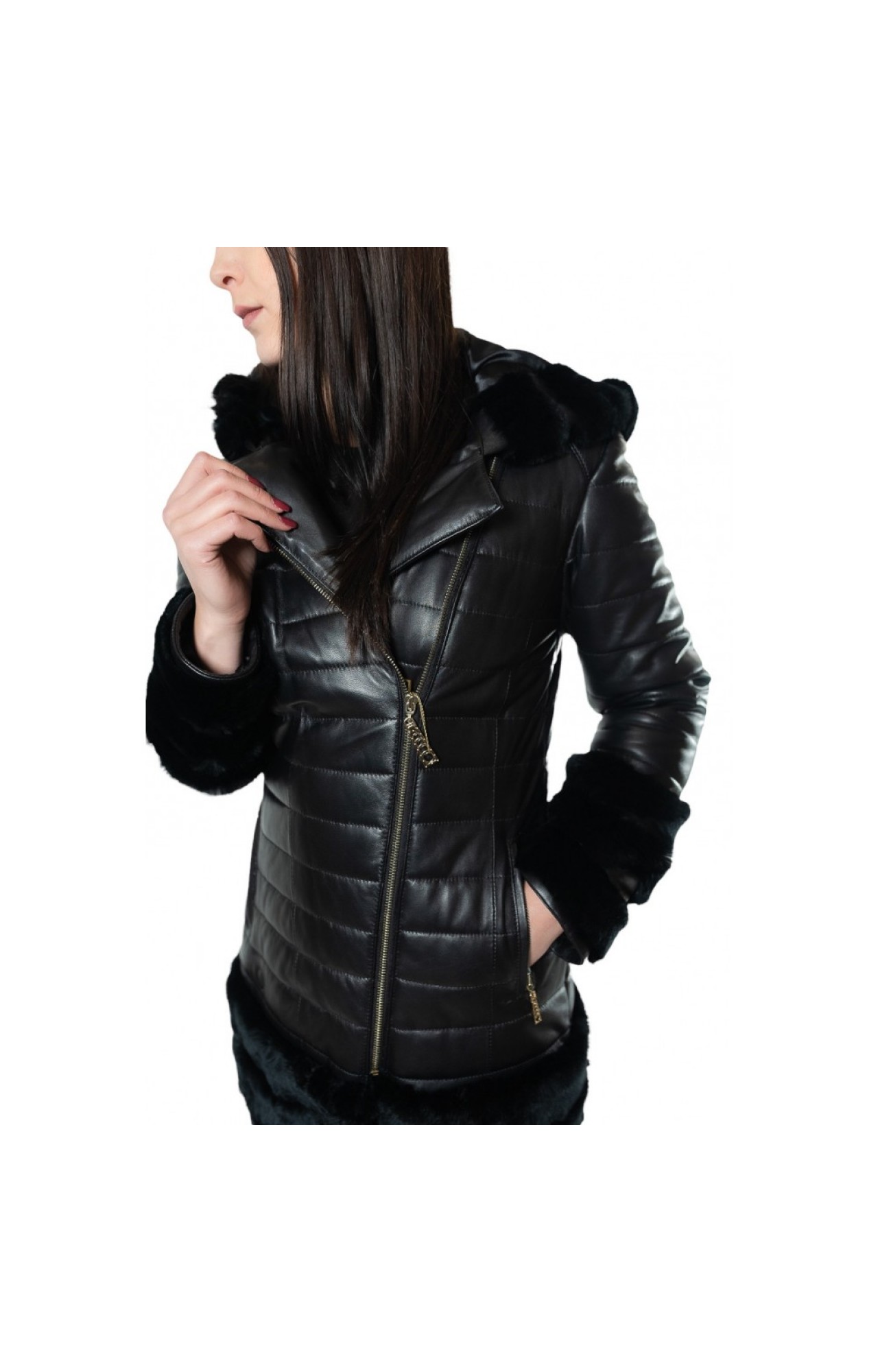 R-410 PERFECTO LEATHER JACKET WITH NATURAL REX FUR BLACK